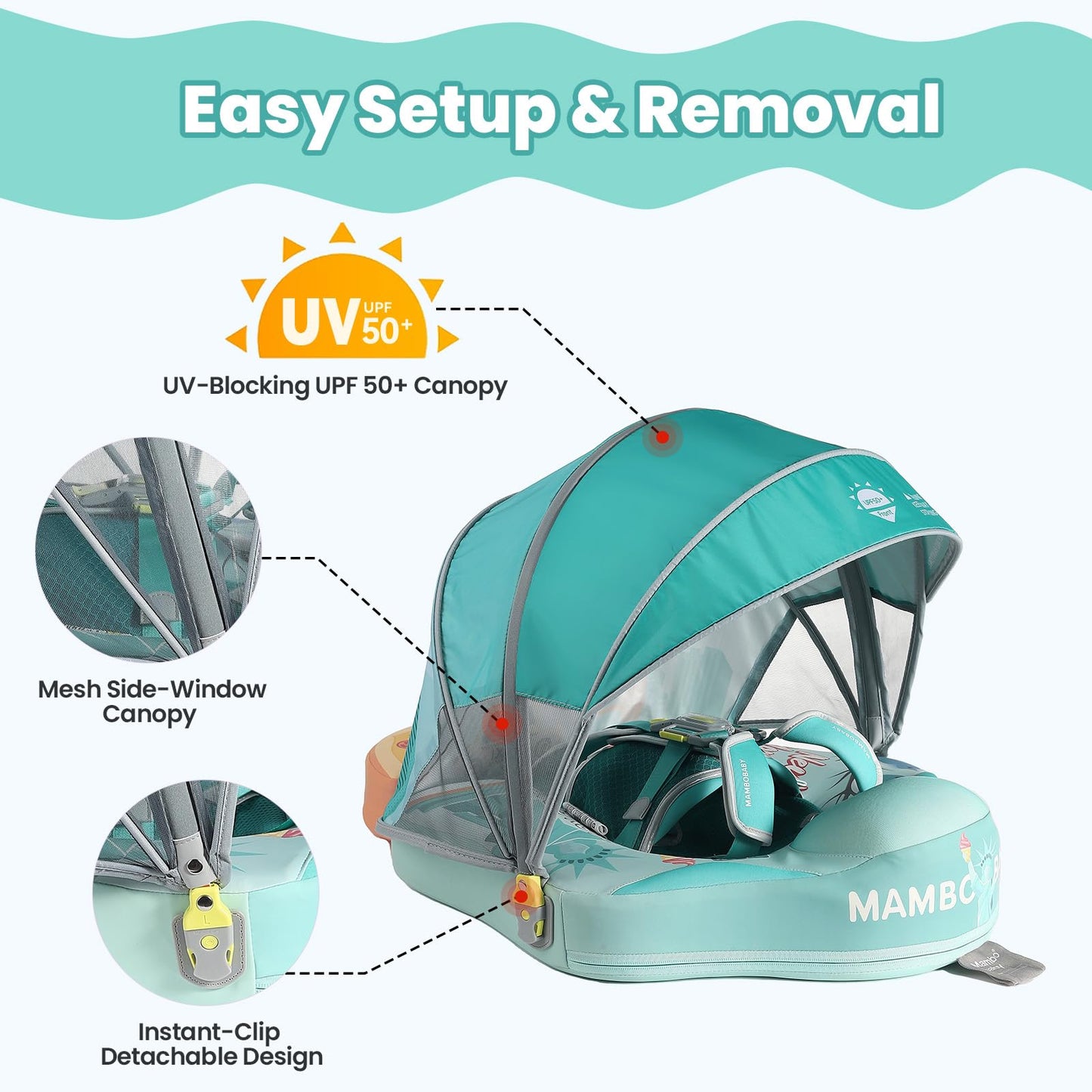 Mambobaby Float Non-Inflatable Baby Float with Canopy, Five-Point Safety System, 3D Canopy(Detachable) UPF 50+, Baby Pool Floats for 3-24 Months, Dual-Mode Toddler Swim Floaties