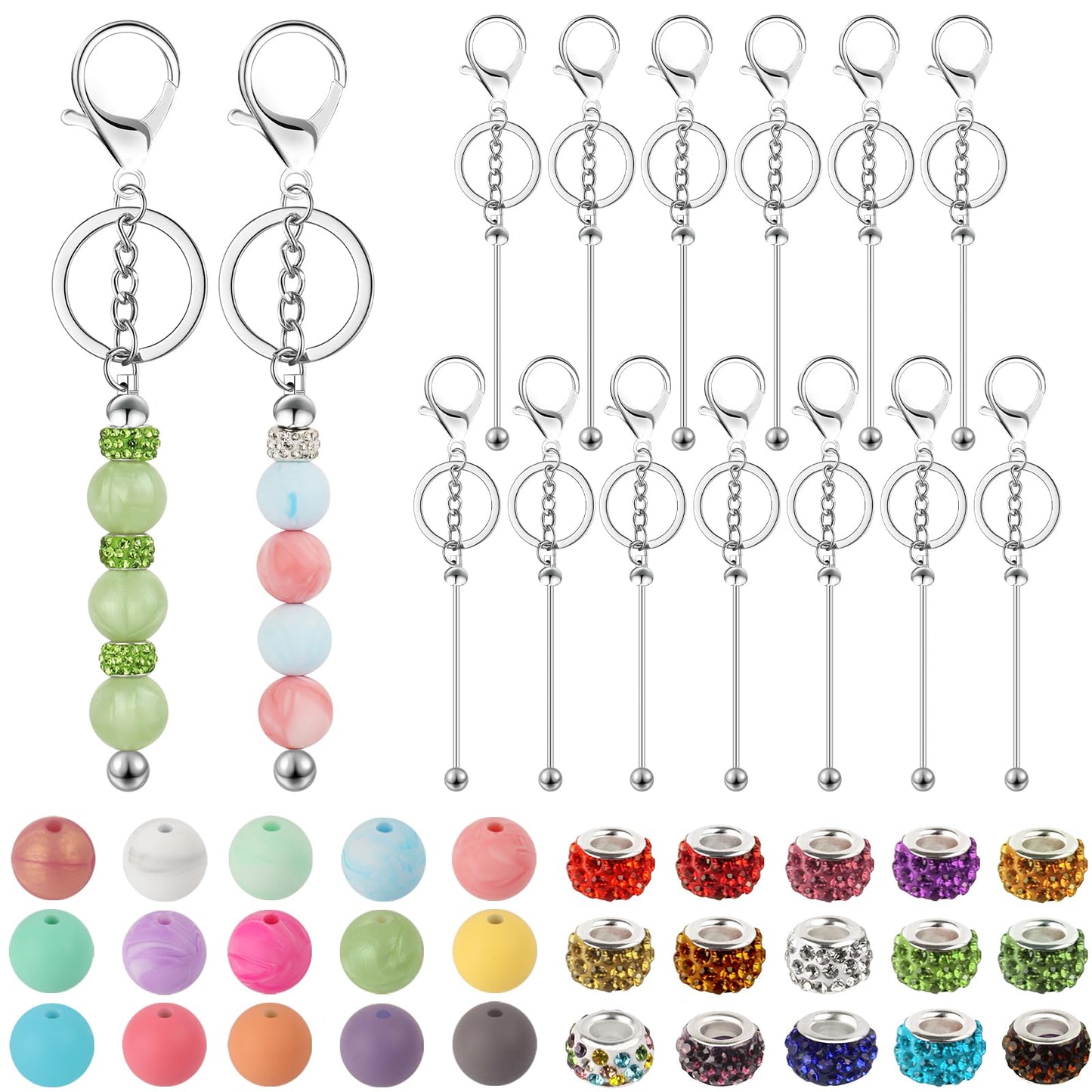 CXIIPOL 105 Pcs Beadable Keychains Set, Bulk Beadable Keychains Bars DIY Blank Keychain, Metal Beaded Keychain with Bars Silicone Beads Spacer Beads
