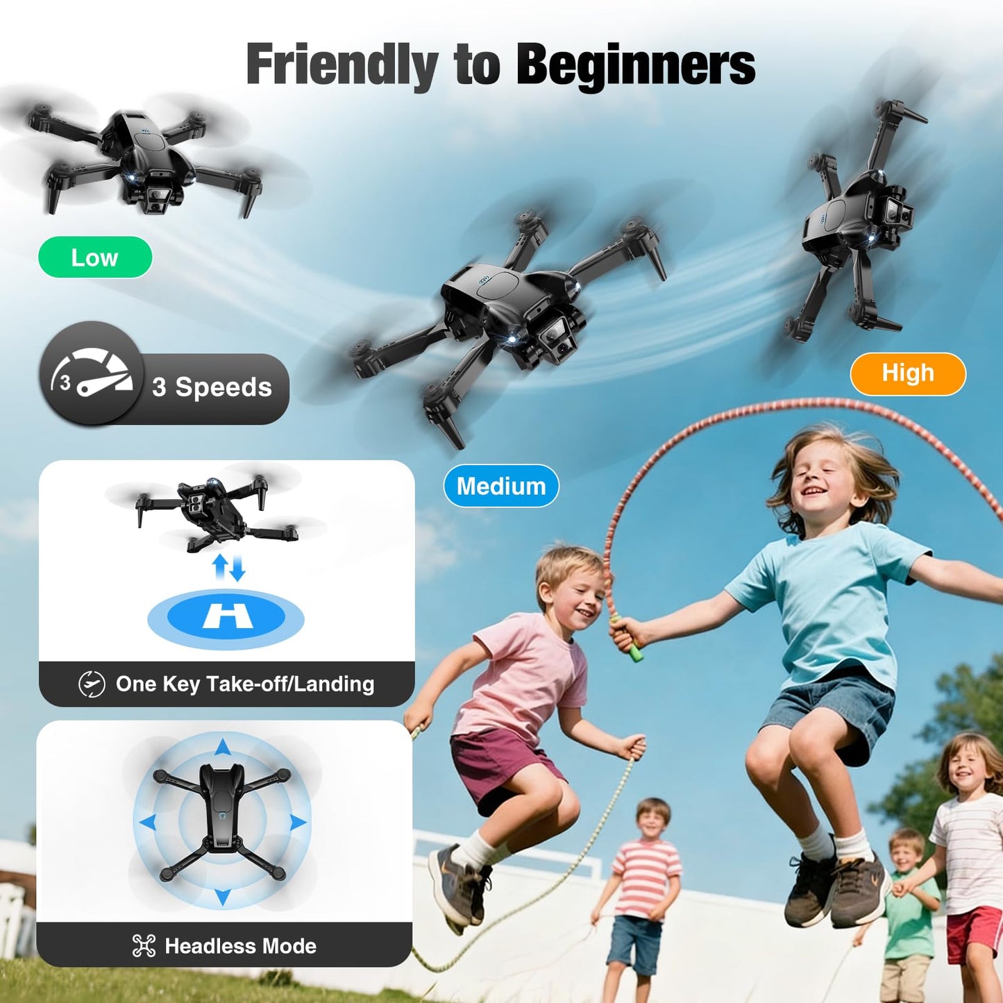 ASFSFQ Drone with Camera 1080P HD,Mini Drone for Beginners Kids Adults,Foldable RC Quadcopter with Stable Hover,Trajectory Flight,One Key Take Off/Land,2 Batteries,Toys for Boys and Girls（Black)