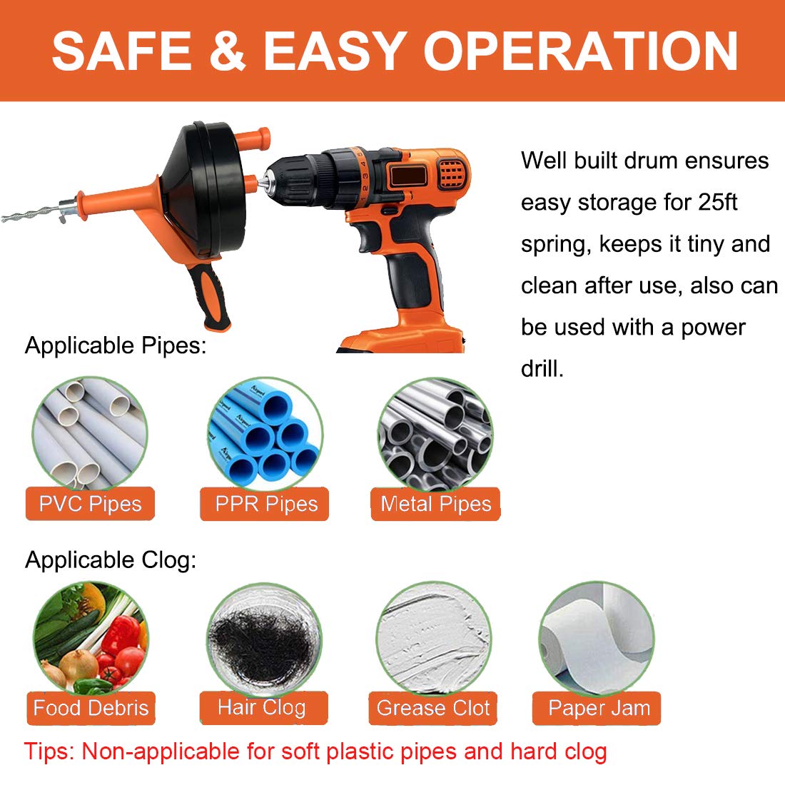 Drain Auger, Clog Remover with Drill Adapter, 25 Feet Flexible Plumbing Snake Use Manually or Powered for Kitchen, Bathroom and Shower Sink, Comes with Gloves (orange)