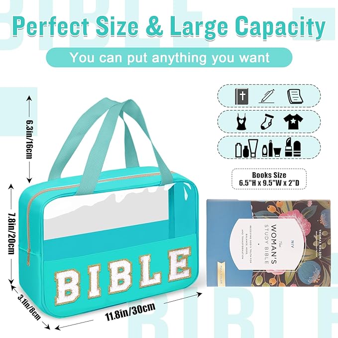 Chenille Letter Bible Bag Case for Girls,Large Study Supplies Church Bag Cover Purse Fits All Bibles,Cute Preppy Christian Tote with Handle Zipper Bible Accessories Gifts for Women(BIBLE-Green)
