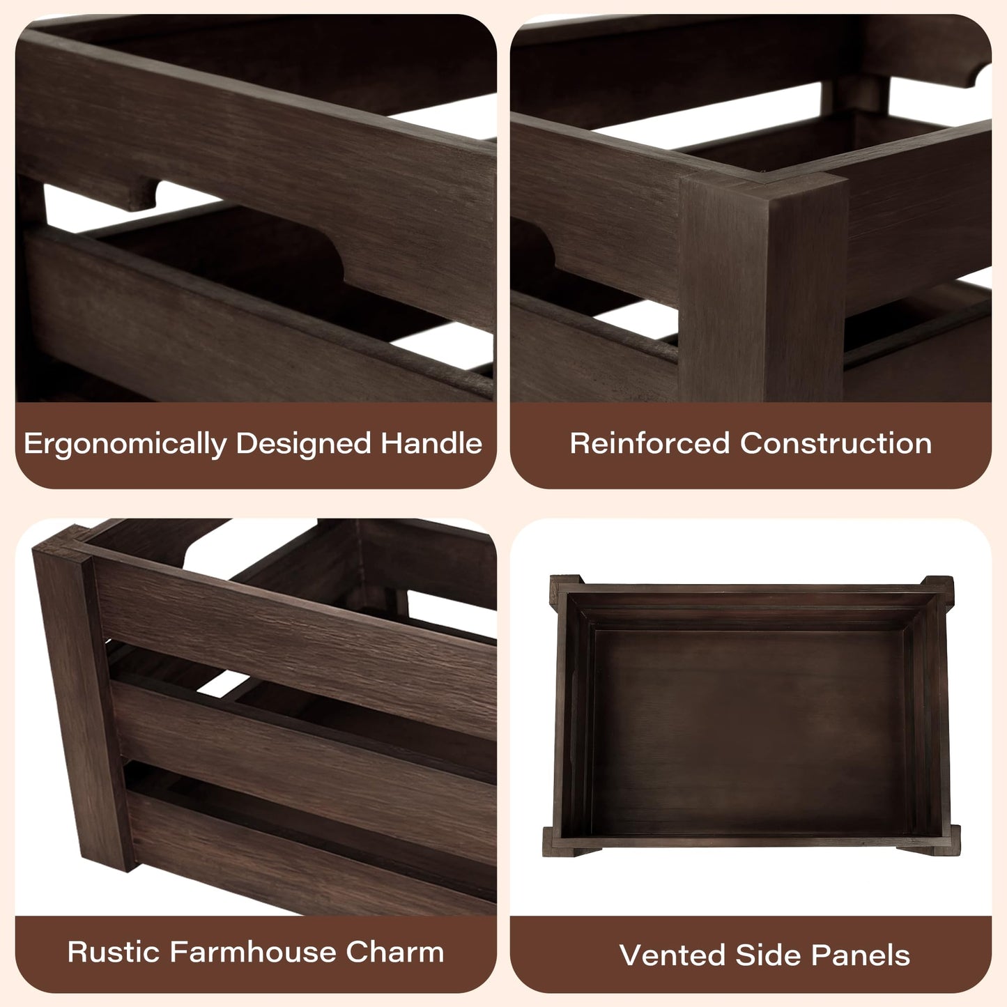 HFYFYXGS Wooden Crates for Storage and Display - Set of 3 Heavy Duty Nesting Wood Crates, Rustic Farmhouse Decorative Storage Boxes for Shelves, Pantry & Home Organization (L/M/S)