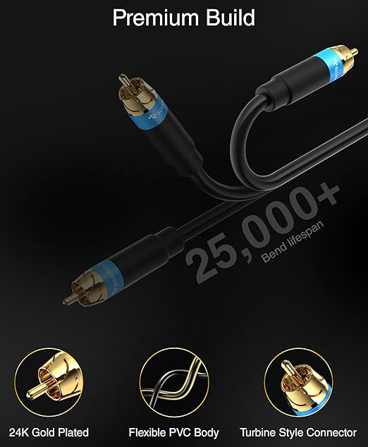 BlueRigger RCA Audio Subwoofer Cable (10FT, Dual Shielded, Gold Plated RCA Connectors) – for Subwoofer, Amplifier, Home Theater