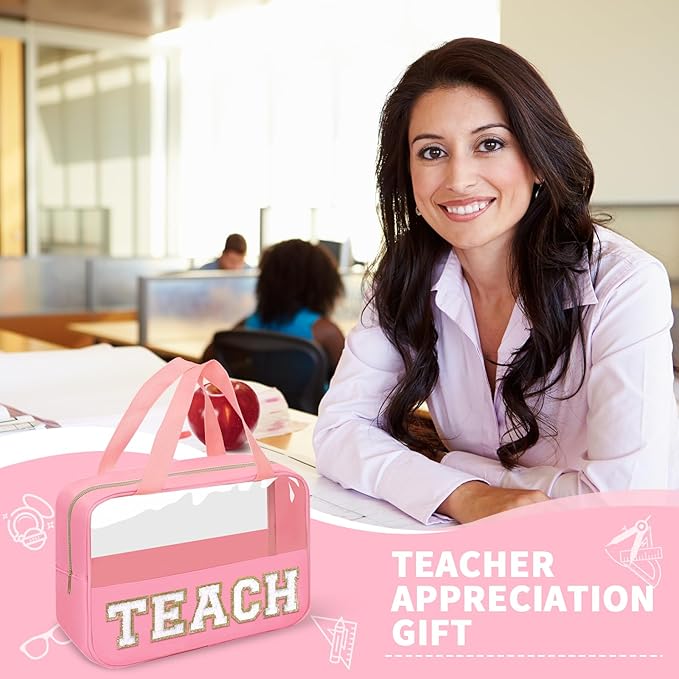 Teacher Appreciation Gifts Chenille Letter Clear Makeup Bag TEACH Pouch, Preppy Waterpoof Makeup Cosmetic Bag with Zipper Graduation Retirement Birthday Teacher Essentials Gifts for Women(TEACH-Pink)