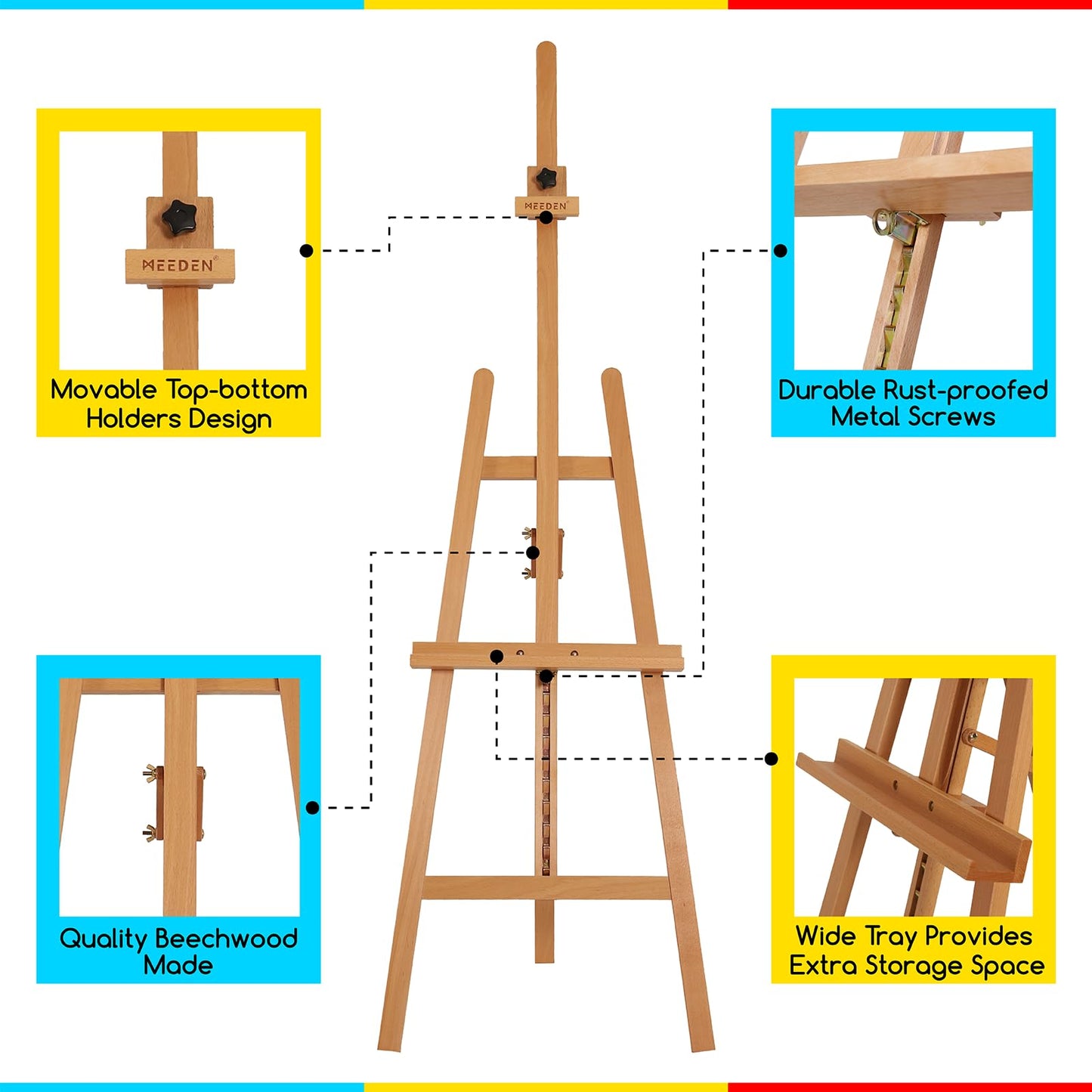 MEEDEN Painting Wooden Art Easel: Solid Beechwood Display Easel Stand Hold Canvas up to 43'' - Adjustable Easel from 57''-76" for Adults Student Studio Gallery - Natural