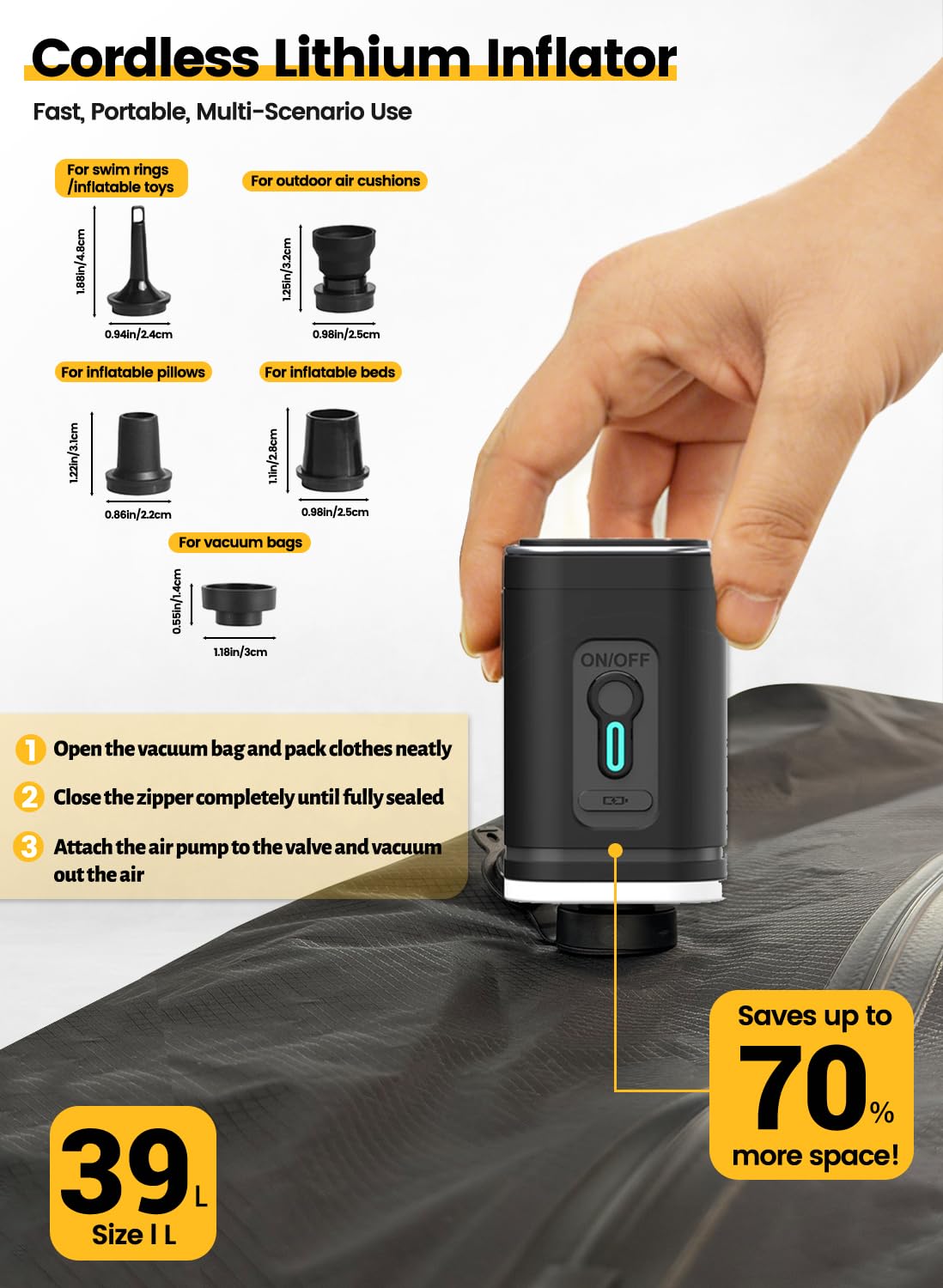LINBLIF Travel Vacuum Bags with USB-C Pump, Compression Storage Bags for Clothing, Space Saving Packing Cubes Alternative for Carry-On Suitcase, Backpack & Luggage, Waterproof Reusable Travel Bags