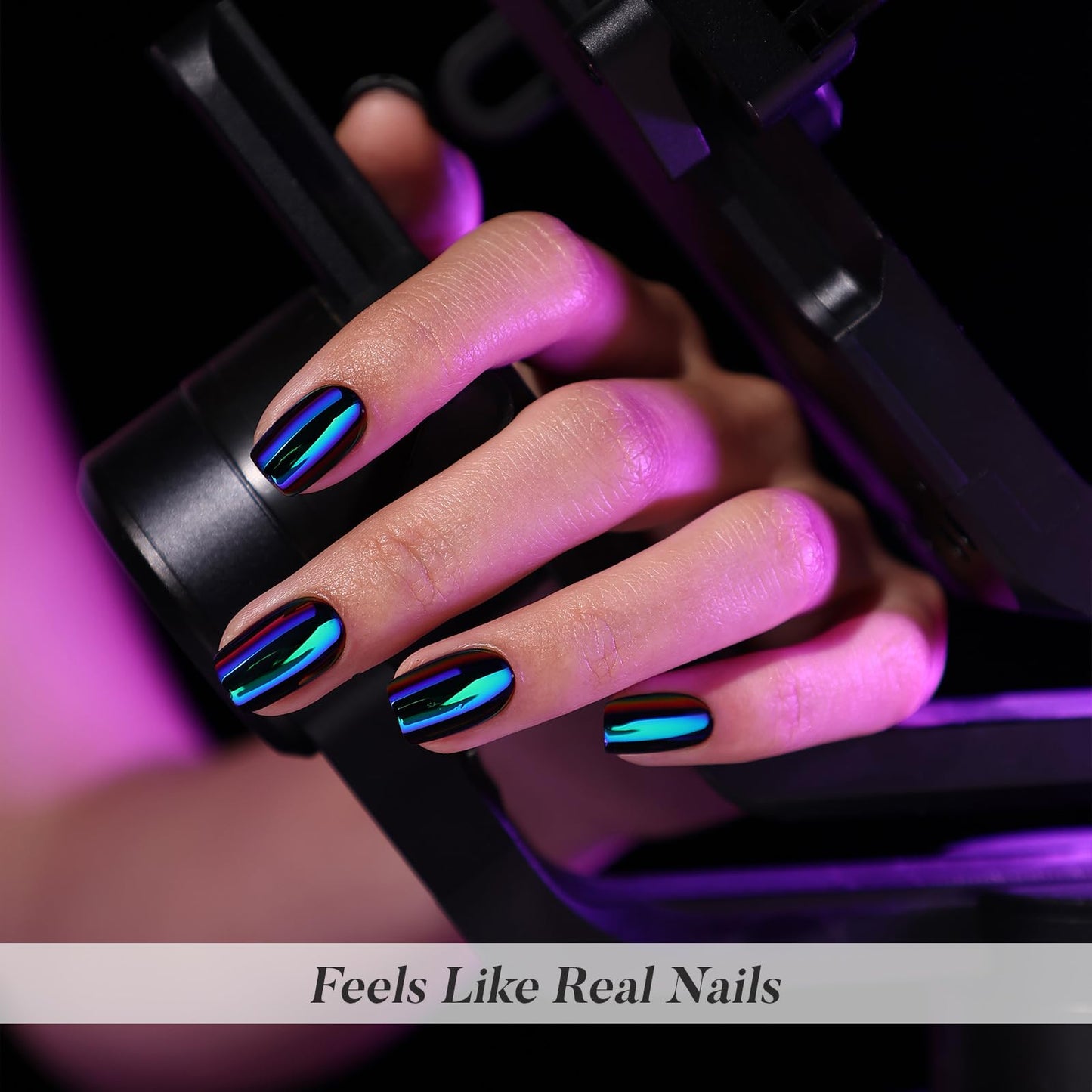 Metallic Chrome Press on Nails Square - SHANGMENG Green Purple Holo Short Nails for Women Gift, Soft Gel Glossy Glue on Nails with Glue in 16 Sizes - 32 Reusable Fake Nails Kit, Liquid Metal