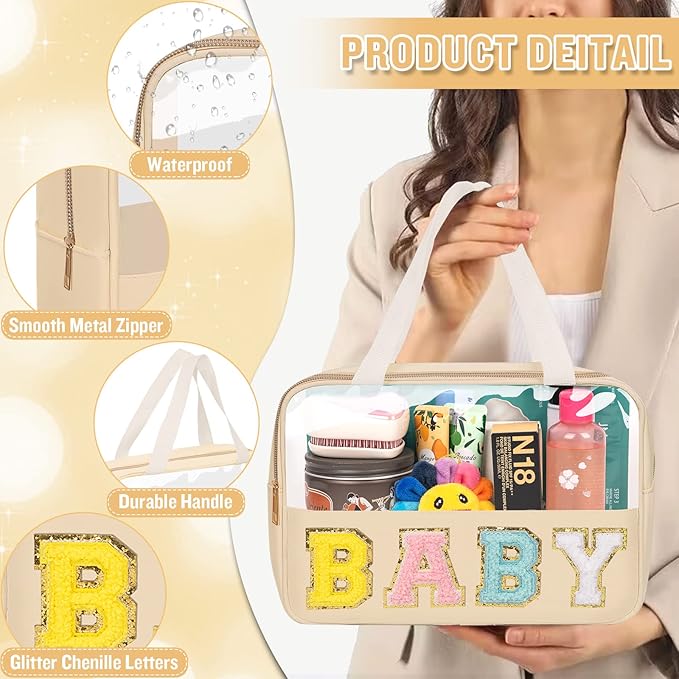 Preppy Clear Baby Makeup Bags with Chenille Letter Patches, Travel Essentials Large Clear Make up Bag Zipper Pouch with Handle, Waterproof Nylon Cosmetic Toiletry Storage Tote for Women (BABY-Beige)