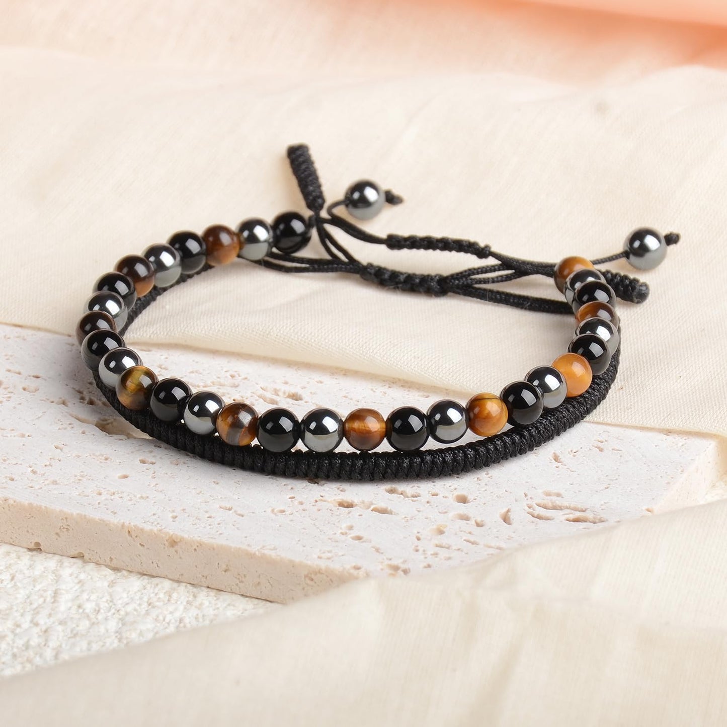 LPBeads 6mm Onyx Tiger's eye Hematite Mixed stone Bracelet with Handmade Rope Bracelet Size Adjustable Natural Stone Crystal Healing Bracelets Gifts for Unisex Adults