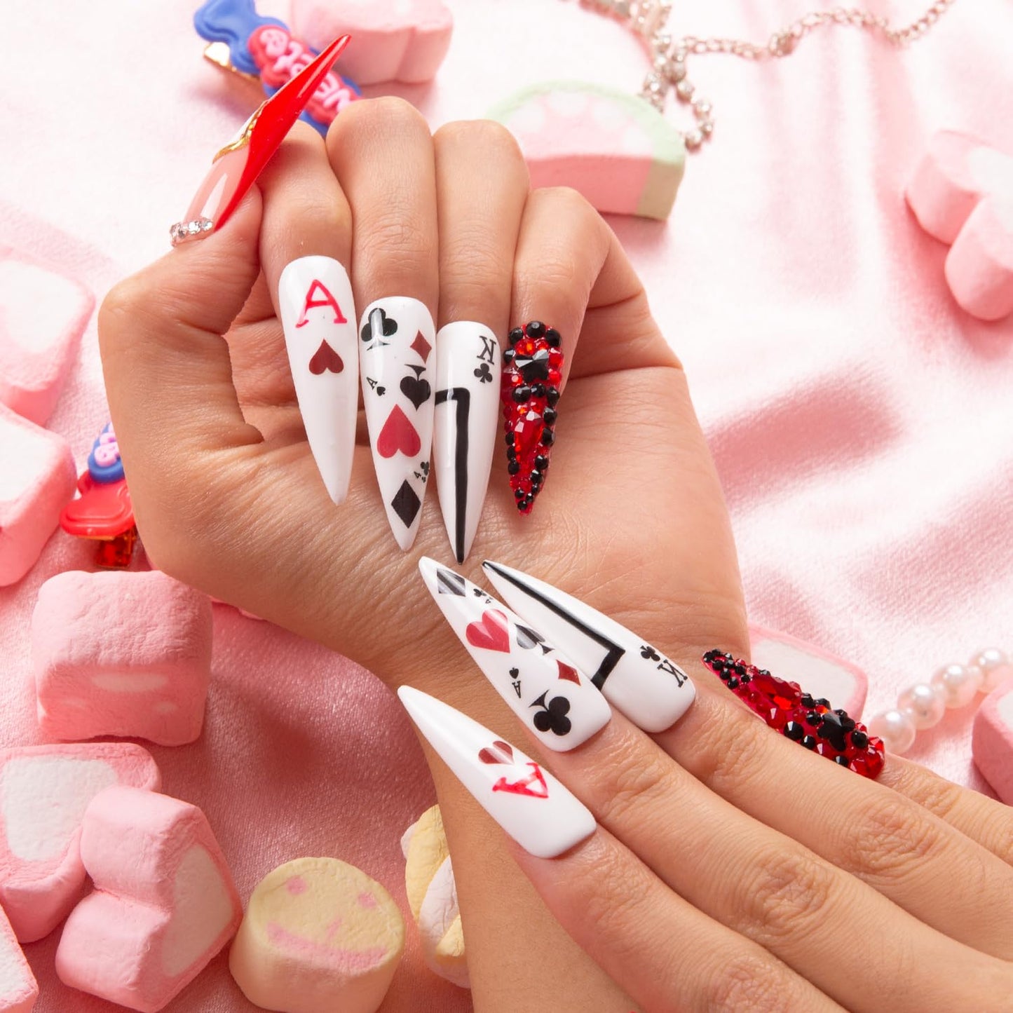 LOVFUL Press on Nails Poker Queen | Handmade with Full Covered Crystals | Reusable Fake Nails | Stiletto Mid Length 1.7 in | H102-M