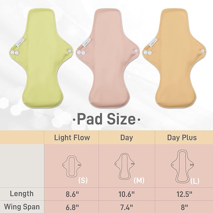 Langsprit Cotton Reusable Period Pads for Women, Washable Pads Menstrual, Regular Absorbency Cotton Cloth Menstrual Pads 3pcs Set with Mini Wet Bag, Suitable for Menstrual Period
