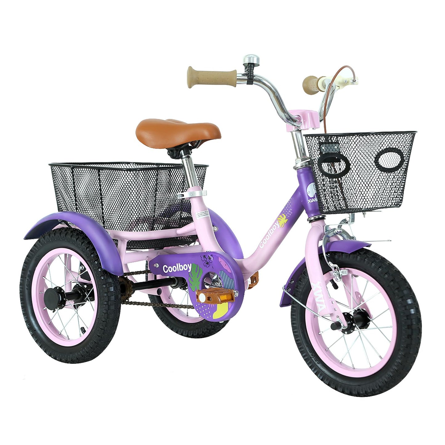 Glyncipher 12 inch Trike, Kids Tricycle, Ages 3+, Beginner Riders, Front & Rear Basket, Passenger Seat, Purple