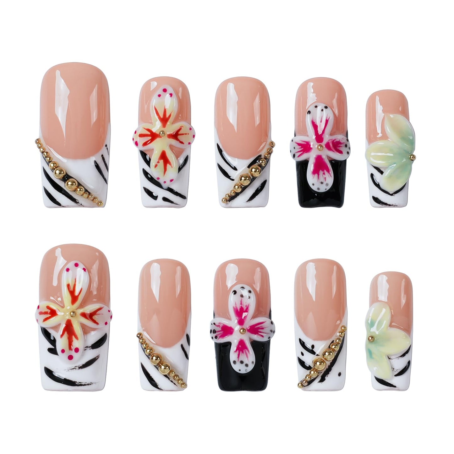 Tesytto Press on Nails Medium Square Handmade Tropical 3D Flower French Tip Fake Nails with Gold Beads, Glossy 3D Floral Nail Art for Summer Vacation (Golden Zebra Whimsy Floral,S)