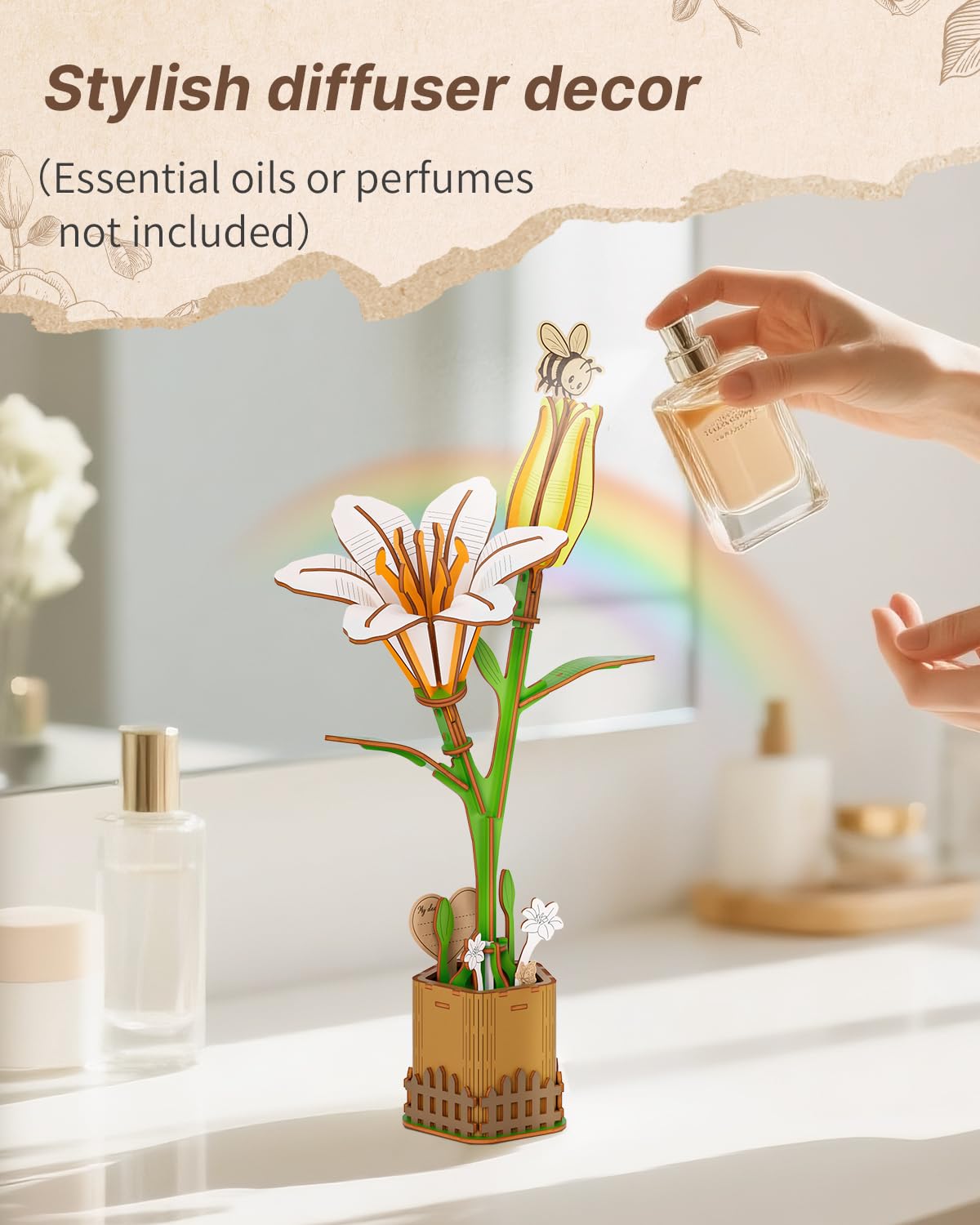 KAAYEE 3D Flower Wooden Puzzles for Adults, 70 PCS Wood Lily DIY Craft Kit Brain Teaser Creative Gift for Puzzle Lovers Home Decors Fake Flowers for Table, Desk, Office