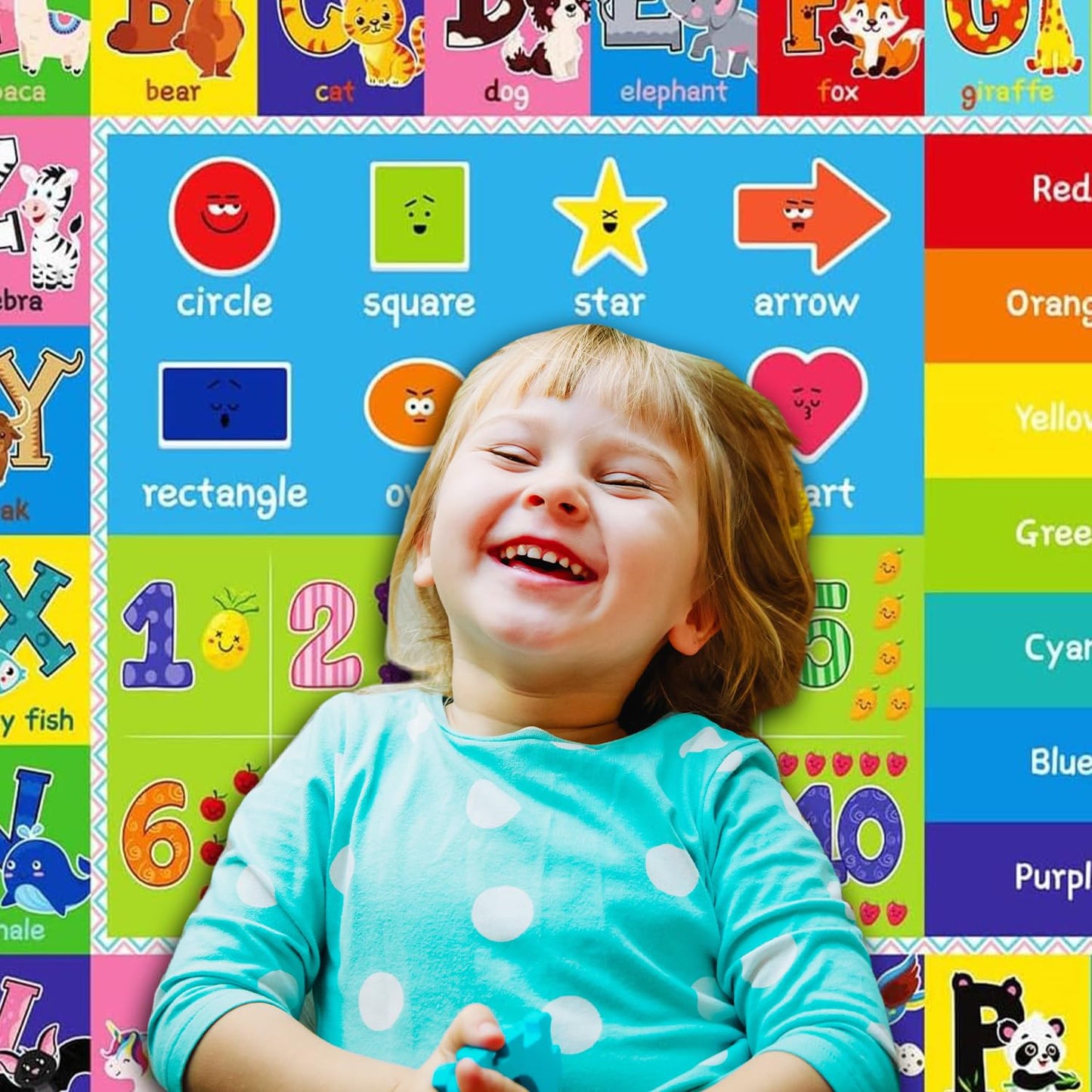 ABC Play Carpet for Kids – Extra Large Preschool Rug with ABCs, Numbers, Animals, and Colors for Playroom & Classroom - (78.7X59 Inches)