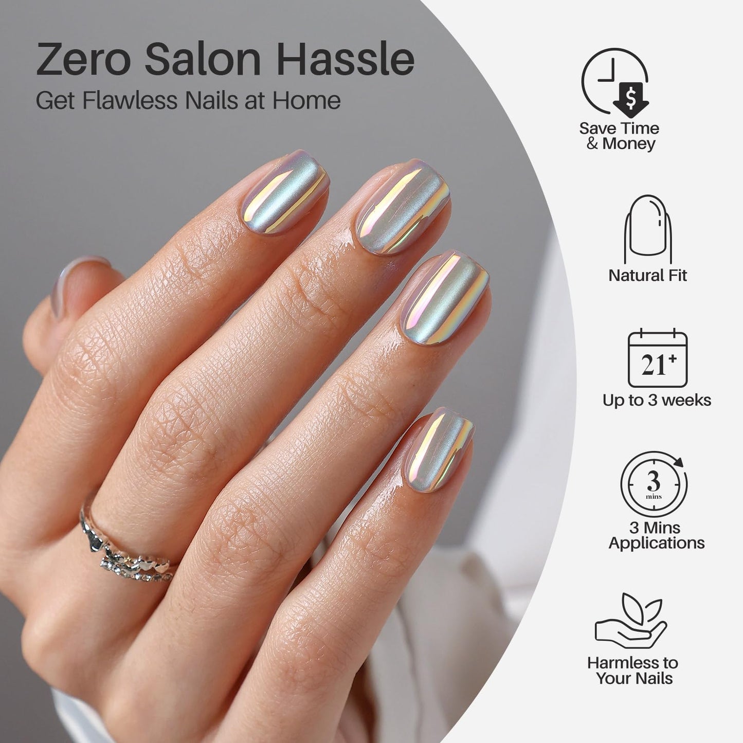 Chrome Cat Eye Press on Nails Short - SHANGMENG Soft Gel Winter Silvery White Nails Square for Women, Glossy Glue on Nails in 16 Sizes - 32 Reusable Fake Nails Kit with Glue, Moonlight