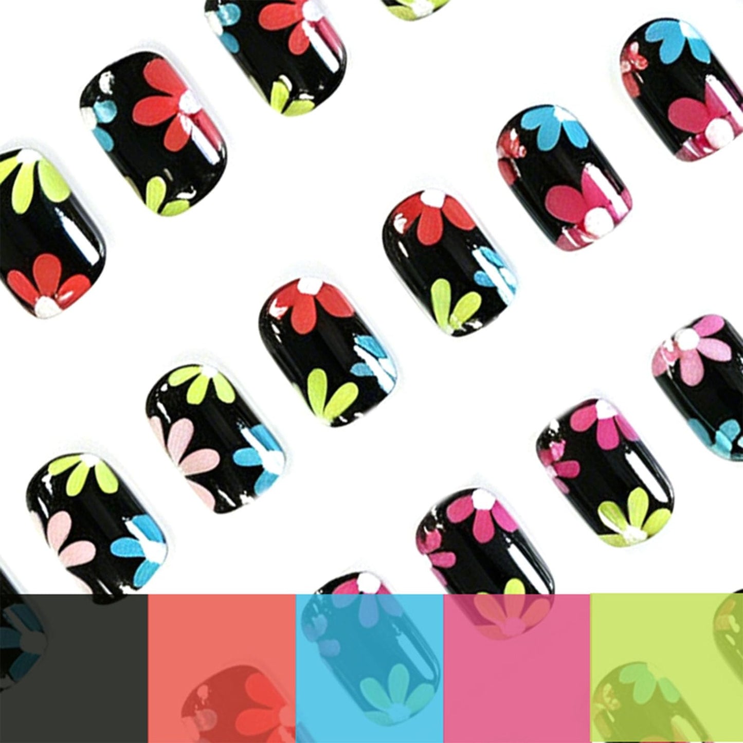Spring Press on Nails Short Square False Nails Press ons Black Acrylic Glue on Nail with Colorful Flowers Design, Black Full Cover Set Artificial Cute Manicure Stickers for Women 24Pcs
