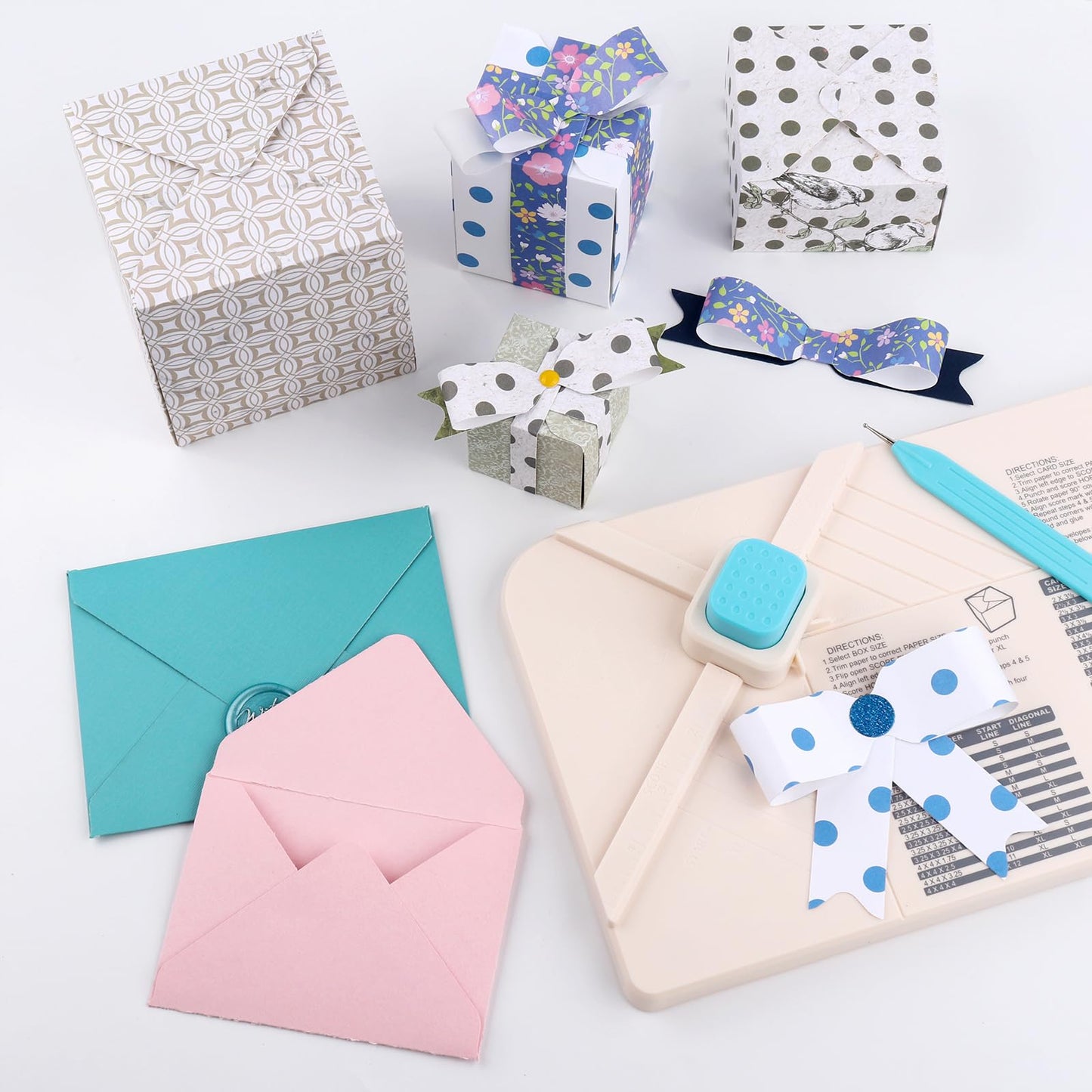 BAOFALI 3-in-1 Punch Board for Envelopes Gift Boxes Bows with Indentation Pen for Creating Custom Envelopes, Bows, and Gift Boxes Birthday Party of Different Sizes. Card Making and DIY Projects