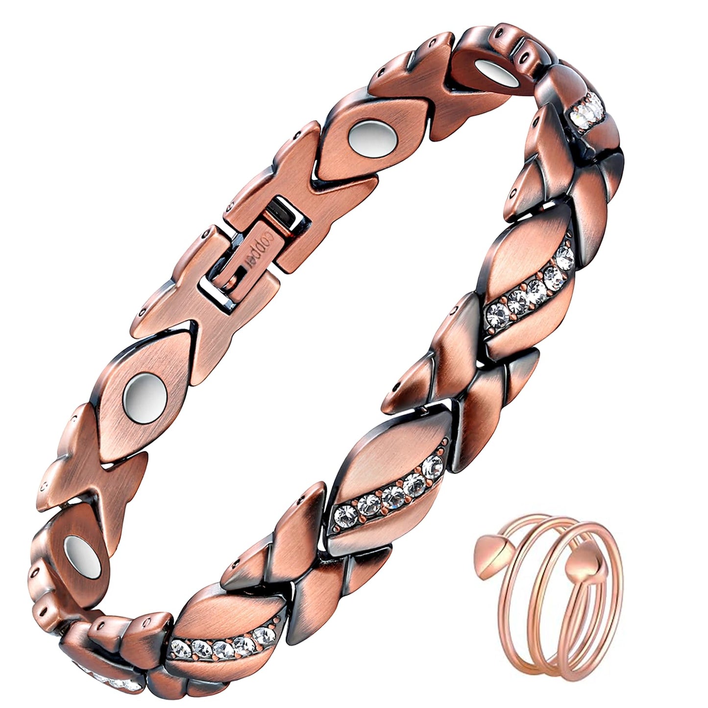 Jeracol Copper Bracelet & Ring for Women, 99.99% Pure Copper Magnetic Bracelet with 3500 Gauss, Adjustable Length Sizing Tool & Jewelry Box