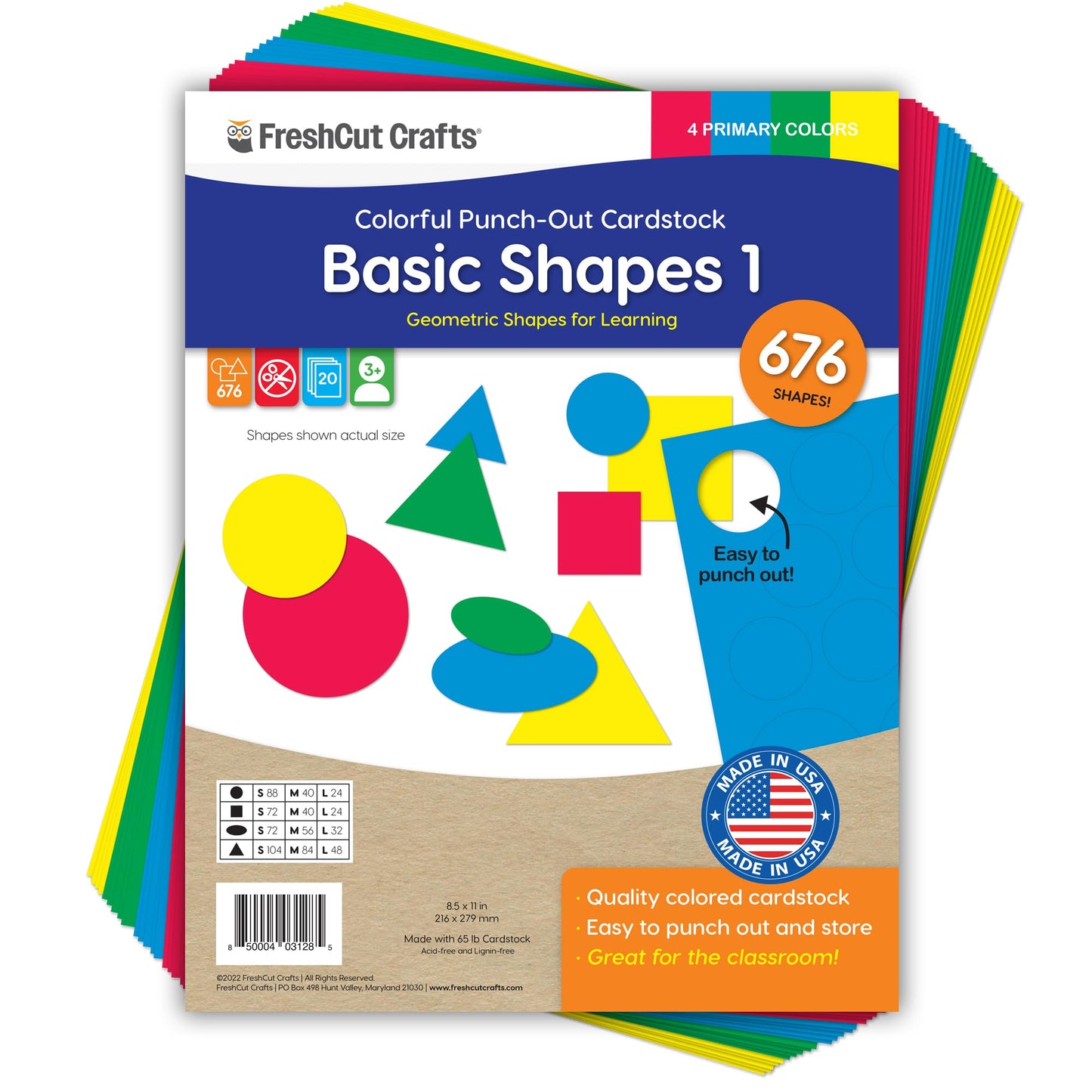 Basic Shapes 1: Circles, Triangles, Squares, Ovals, 676 Pieces US Made Card Stock Punch Out Geometric Shapes in 3 Sizes and 4 PRIMARY Colors for Math, Pattern Play and DIY Crafting