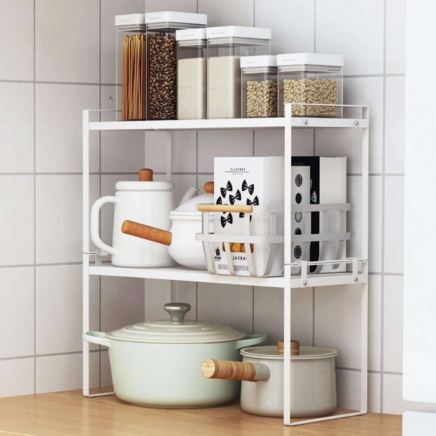Shantton 2 Pack Kitchen Cabinet Shelf Counter Organizer Rack Pantry Storage Bathroom Bedroom Office Table Desk Space Saving Steel Frame Stackable Rust Resistant Non Slip White