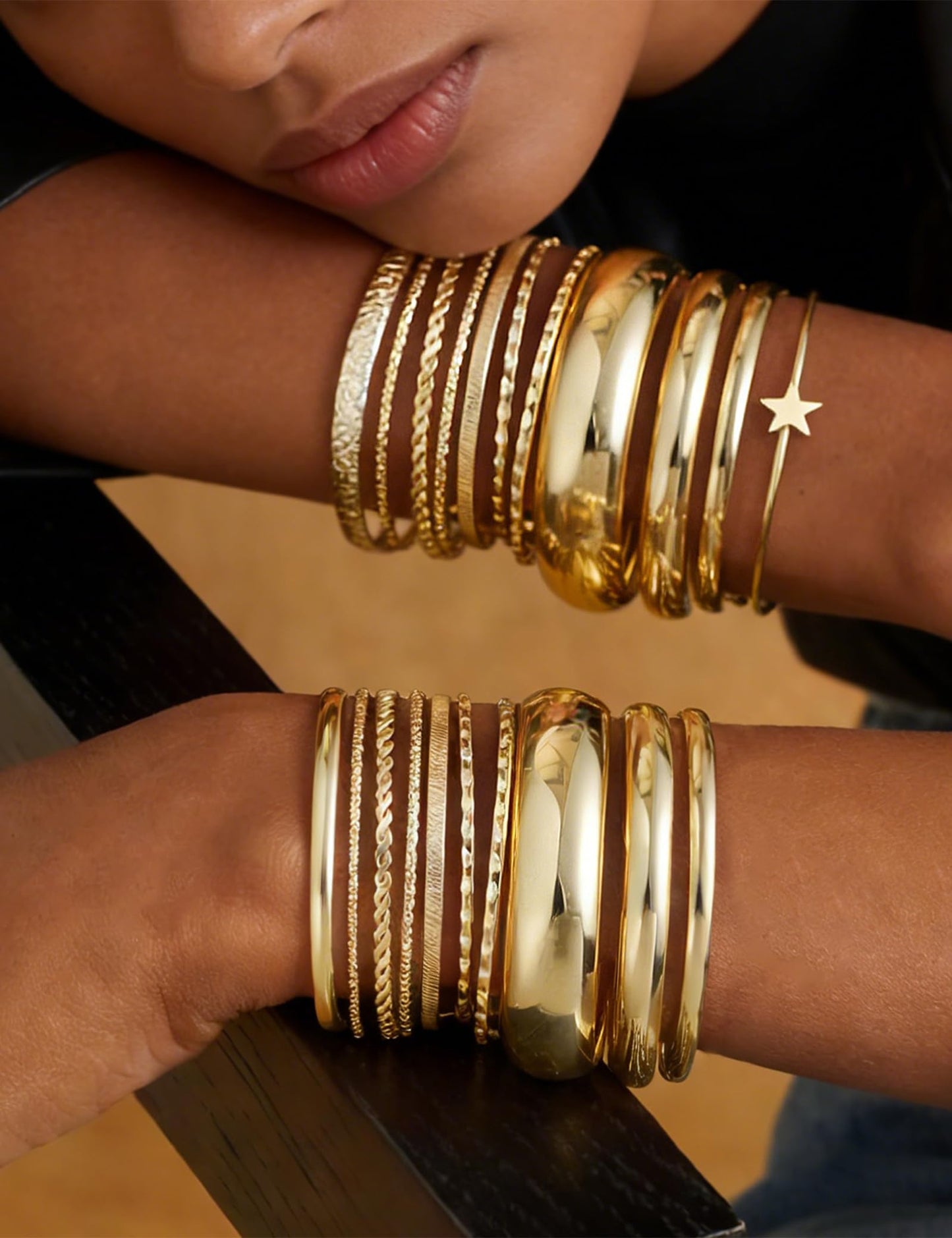 ÌF ME Gold Bangle Bracelets for Women, 19Pcs Multi Stackable Textured Bangles Set, Statement 14K Gold Plated Chunky Star Bracelet Stack Boho Jewelry Gifts