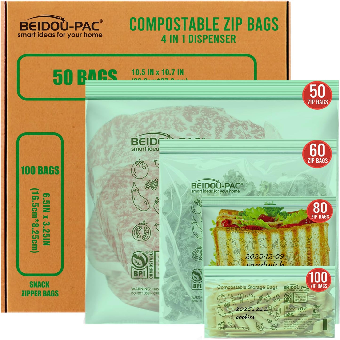 BEIDOU-PAC Compostable Combo Storage Zip Bags, 290 Count Resealable Variety Pack with Organizer, Reclosable Biodegradable Eco-Friendly Compost Snack, Sandwich, Quart, Gallon Assorted Size Bags