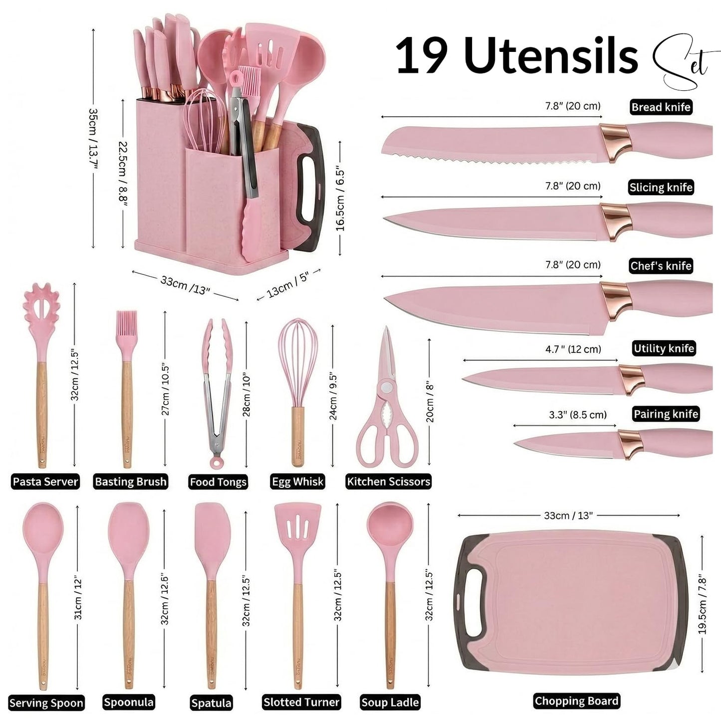 19 PCS Pink Silicone Cooking Utensils Set with Wooden Handle & Knife Set Block, Heat-Resistant Spatula, Spoon, Ladle, Whisk with Holder – BPA Free, Silicone Kitchen Utensil Set for Cooking & Baking