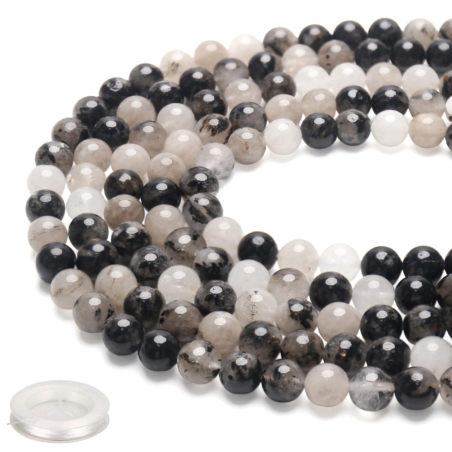 70PCS Natural 8MM Healing Gemstone, Black Rutilated Quartz Energy Stone Round Loose Beads, Semi-Precious Crystal Beads with Free Elastic String for Jewelry Making DIY