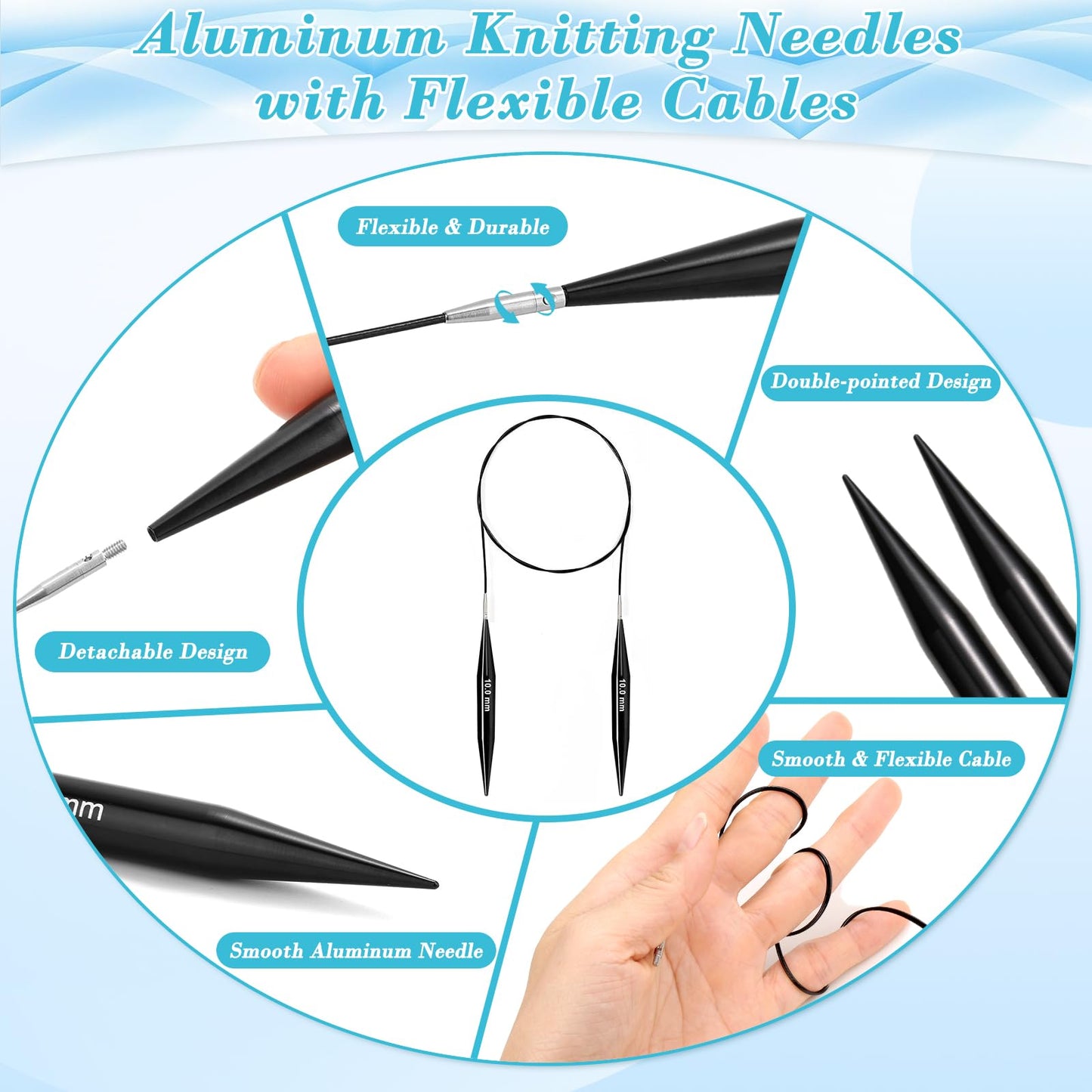 13 Pairs Interchangeable Knitting Needles Set with 4 Flexible Cables, Portable Circular Knitting Needles, 3-10 mm Smooth Aluminum Knitting Needle Kit for Beginner Projects Travel Home Knitting