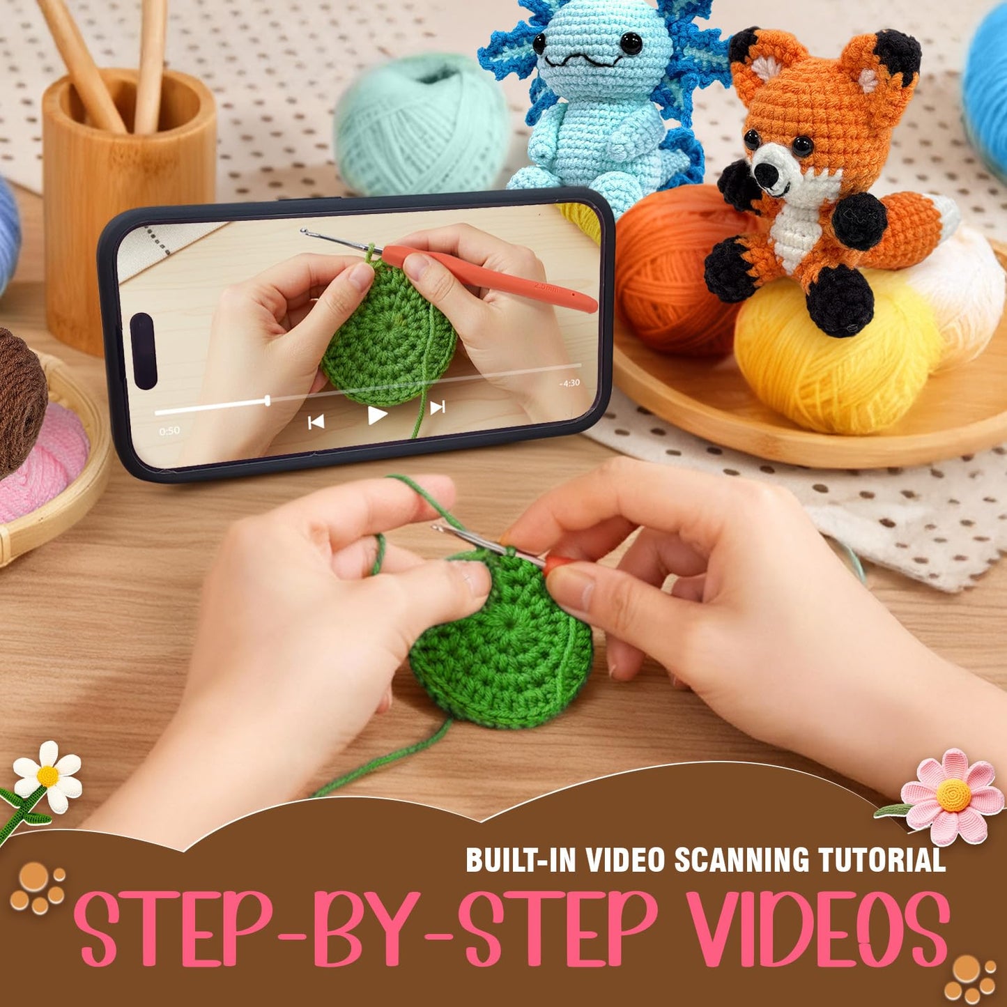 OurWarm 6PCS Crochet Kit for Beginners, DIY Crochet Animals for Great Gifts, Knitting Kit for Beginners with Step-by-Step Video Tutorial, Crocheting Kits for Manual Lovers Birthday and Holiday Gift
