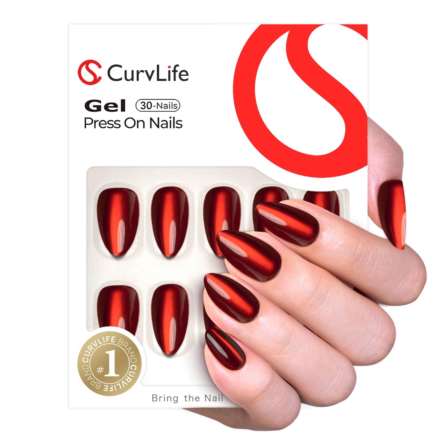 Curvlife Soft Gel Almond Press On Nails – Reusable Red Strip Cat Eye False Natural Fit Medium Christmas Fake Nails Tips Stick Ons, Salon Quality UV Finish