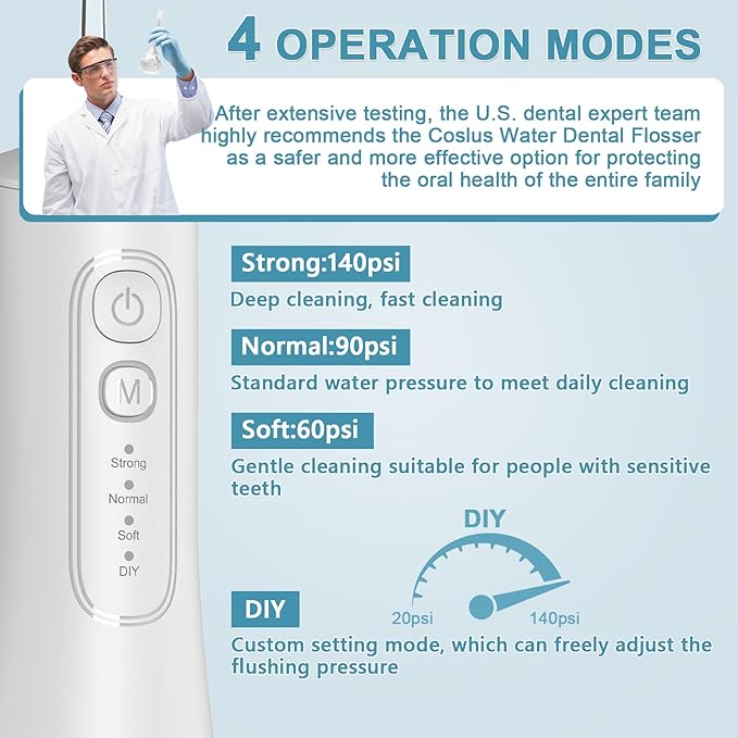 Portable Cordless Water Dental Flosser Teeth Pick 300ML Rechargeable Oral Irrigator with 4 Modes, IPX7 Waterproof,Powerful Flossing for Gum Care, Braces, and Deep Cleaning (White)