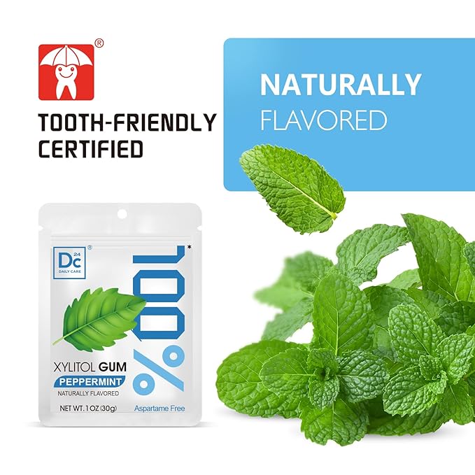 DC24 DAILY CARE 100% Xylitol Gum, Aspartame Free, Sugar Free Peppermint Chewing Gum, Natural Flavors, Gluten Free, Vegan, 20 Pieces, Pack of 2