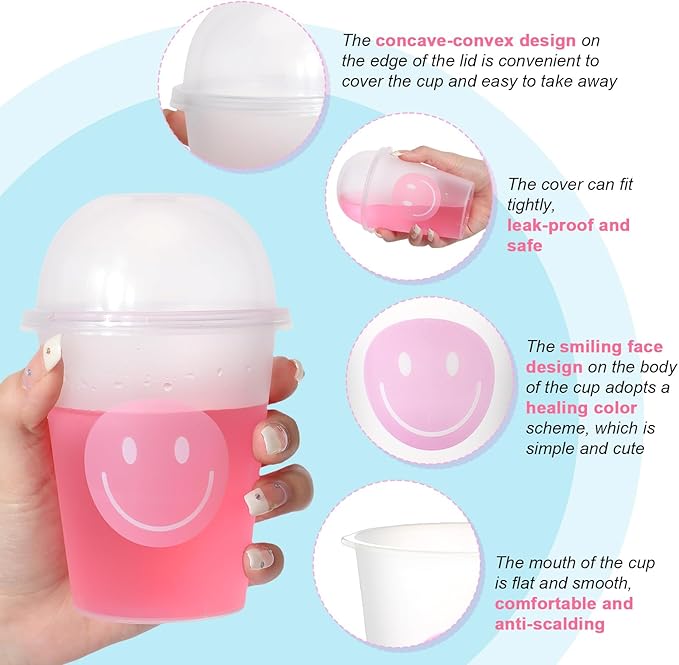 Yaomiao Smile Face Sipper Cups with Straws and Lids, 12 oz Clear Plastic Cups Happy Face Party Cups with Dome Lids Happy Party Favors for Kids, Tea, Coffee, Smoothie, Cold Drinks(32 Pack)
