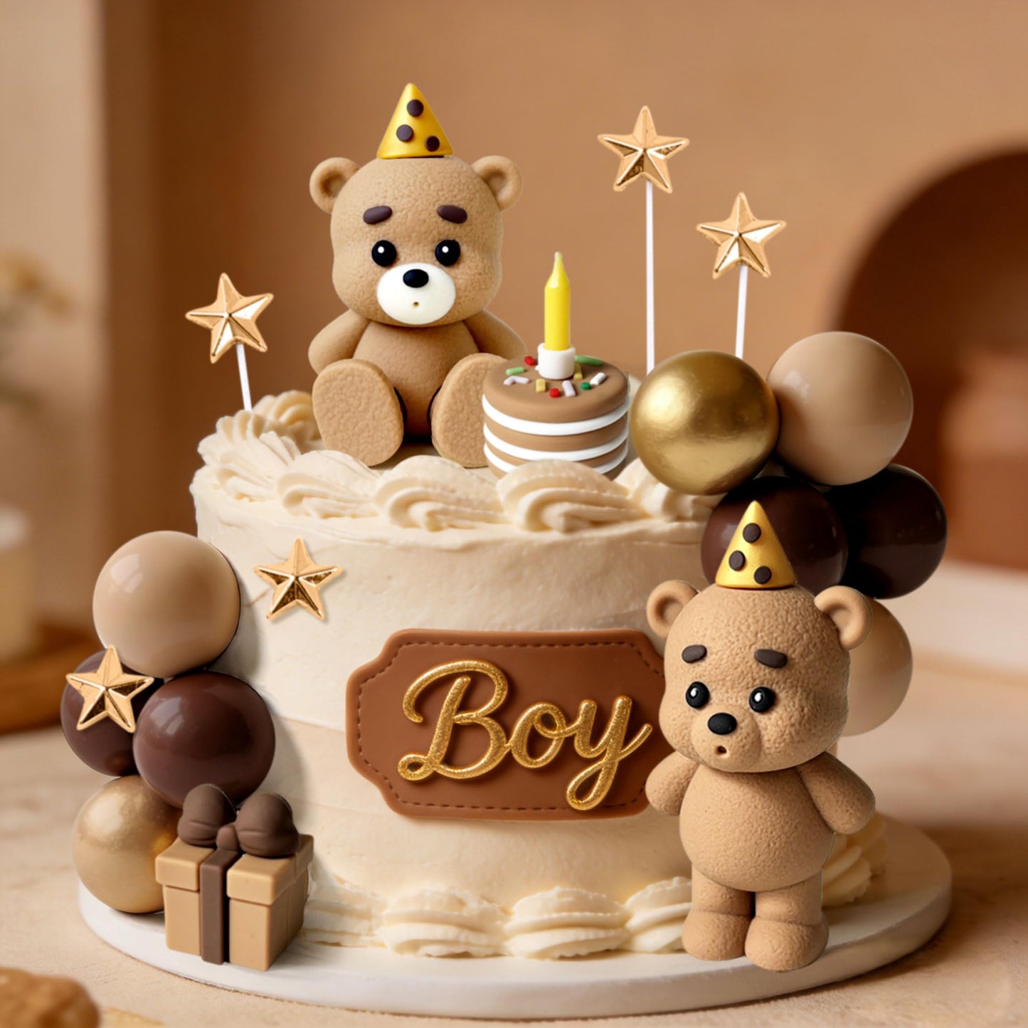 LaVenty Brown Bear Cake Decoration Beige Brown Balls Cake Topper Boho Cake Cake Decoration Baby Shower Birthday Cake Decoration