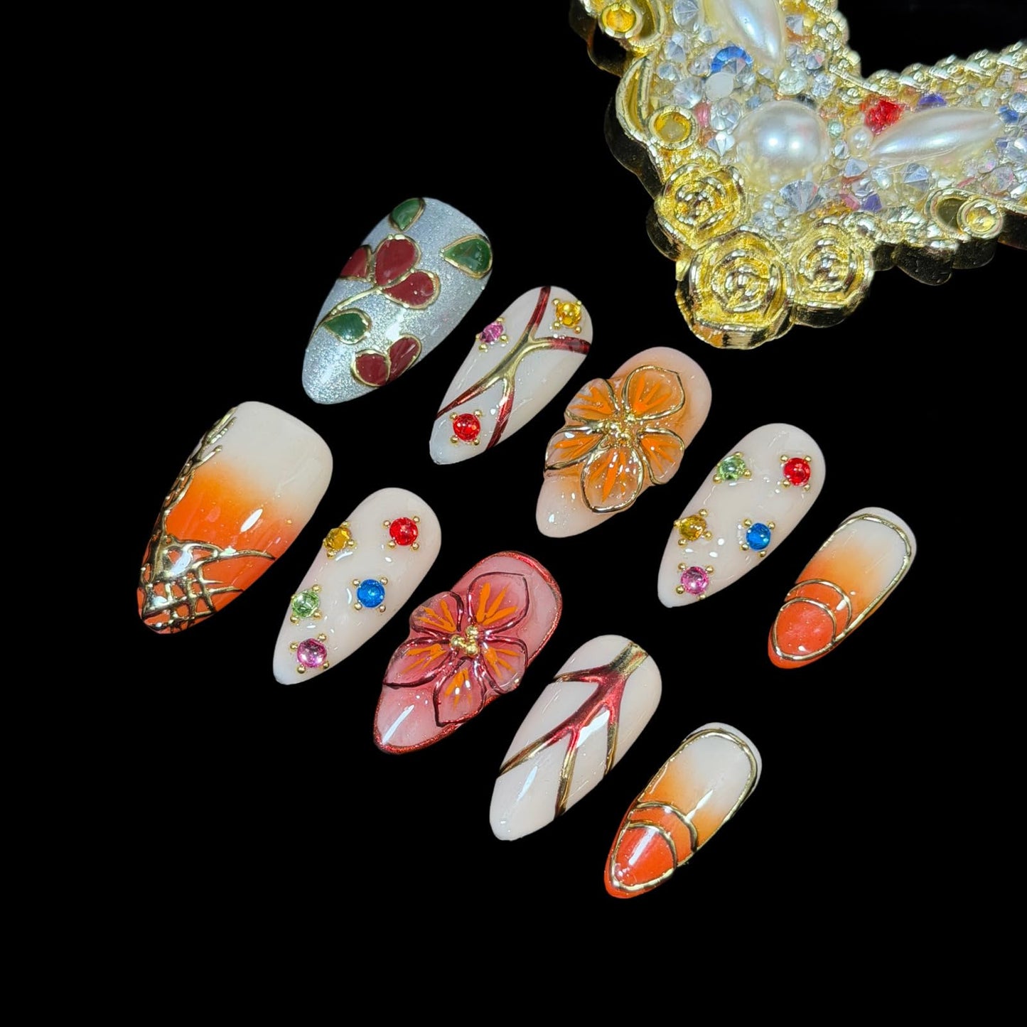 Handmade Press On Nails, Golden Ember Bloom, Luxury Sunset Ombre, Medium Almond Shape with 3D Floral Design, Crystal Accents, Acrylic False Nails Set, Gold Foil Outline (L)