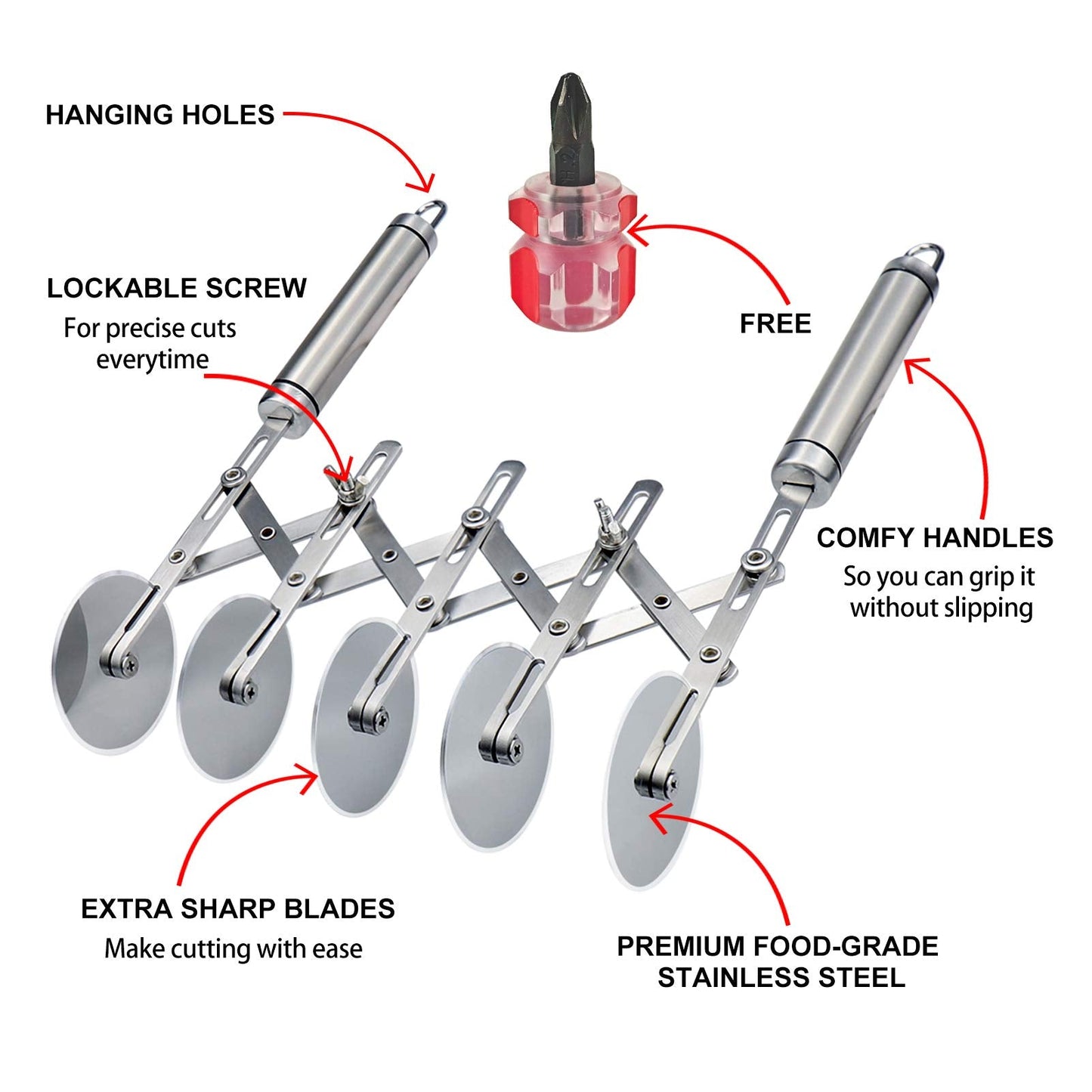Juome 5 Wheel Pastry Cutter Stainless Pizza Slicer Multi-Round Dough Cutter Roller Cookie Pastry Knife Divider with Handle
