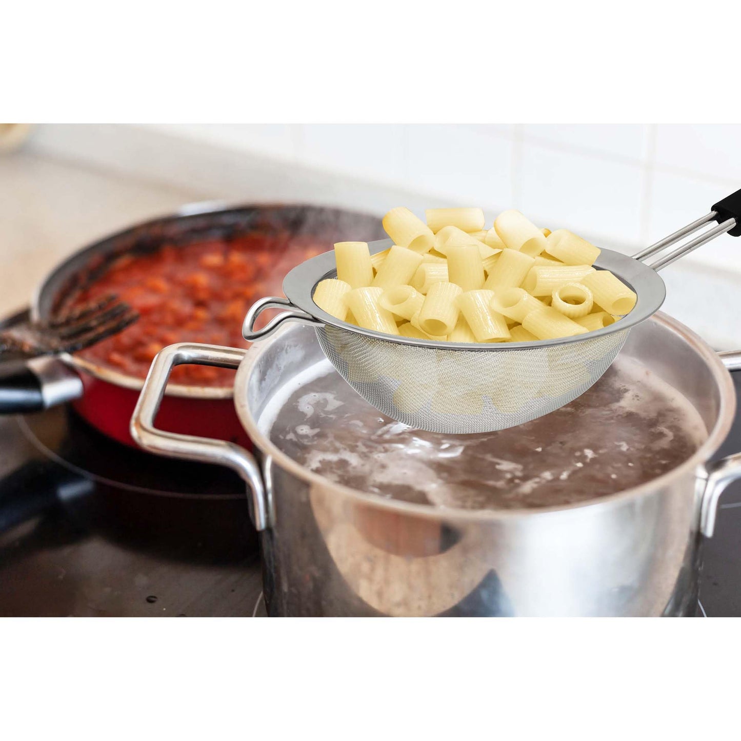 HIC Kitchen Fine Mesh Strainer With Support Handle, Stainless Steel And Silicone Handle, 7-Inch, For Sifting Baking Ingredients, Straining, And Draining Soups, Stocks, And Sauces