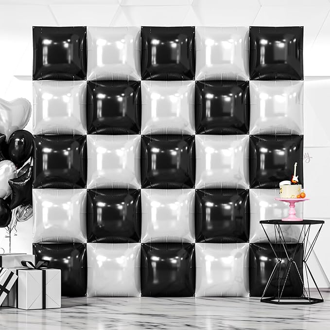 NISOCY 25PCS Black White Square Foil Balloons Wall Backdrop Double Sided Black Pearl White Balloons Arch Kit for Birthday Wedding Anniversary Bridal Baby Shower Graduation Party Decorations