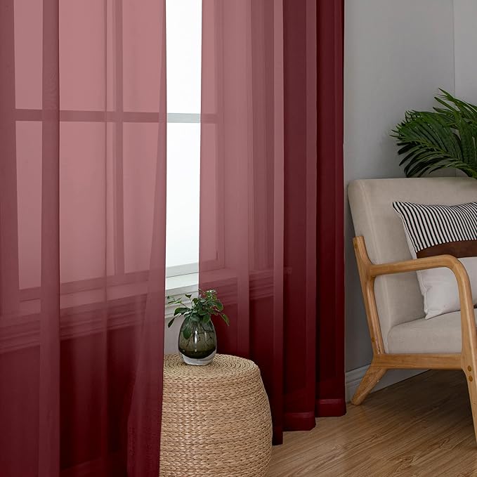 Aiyufeng 108 Inch Red Sheer Window Curtains for Farmhouse, Rod Pocket Voile Window Treatment Vertical Panels for Study Room/Bedroom/Living Room, Burgundy, W40 x L108, 2 Panels