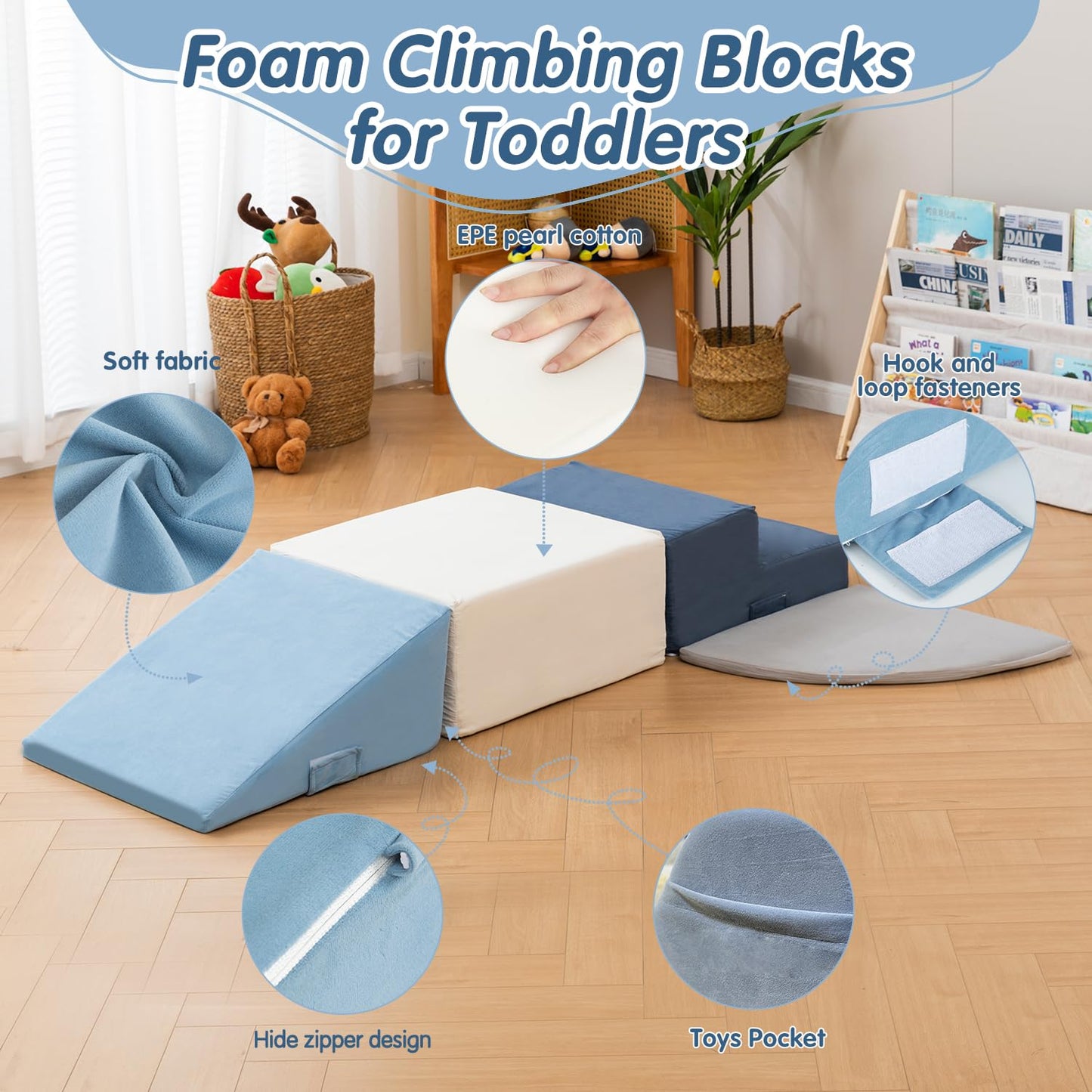 Large 4 Pcs Climbing Toys for Toddlers 1-3 Inside, Oderless & Skin-Friendly Toddler Climbing Toys Indoor, Foam Climbing Blocks for Toddlers with Velcro to Keep Them Together Ideal Gift