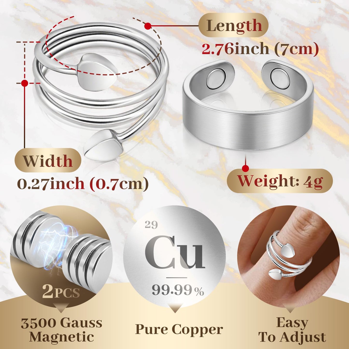 Copper Rings for Women, 99.99% Pure Copper Magnetic Thumb Ring with 3500 Gauss Magnets, Adjustable Jewelry Gift with Box(2 PCS)
