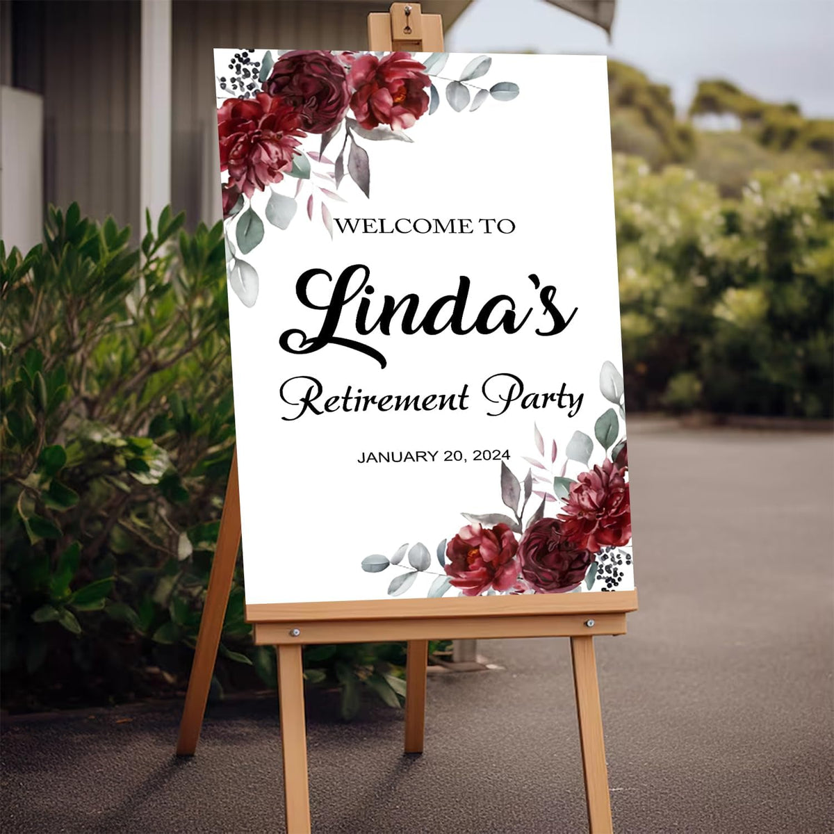Floral Red Retirement Party Sign - Burgundy Decor, Celebration Welcome Board