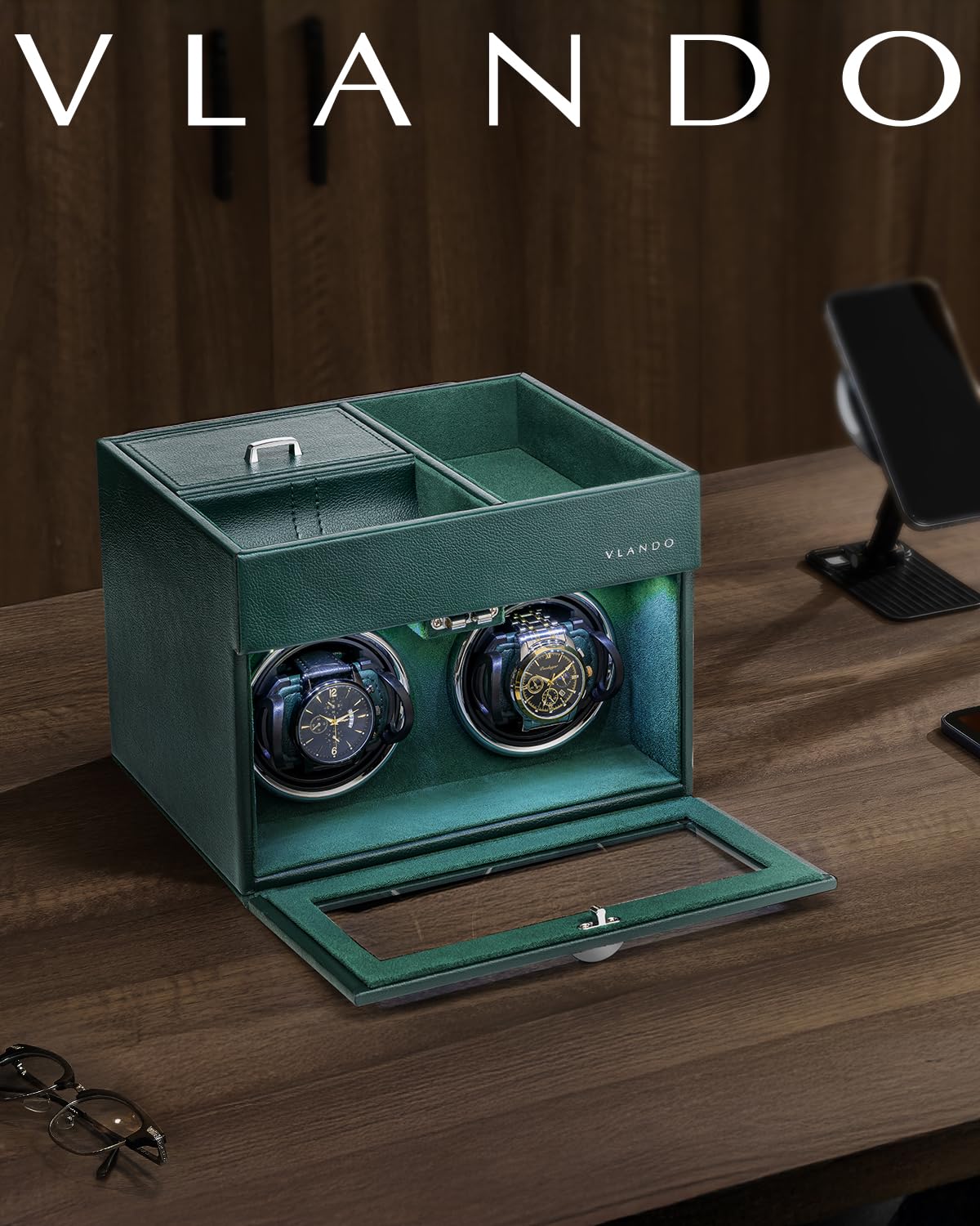Vlando Automatic Double Watch Winder - Watch Winder Box with Men Jewelry Organizer Tray, Japanese Quiet Motor, LED Light, Adjustable Watch Pillows - Green
