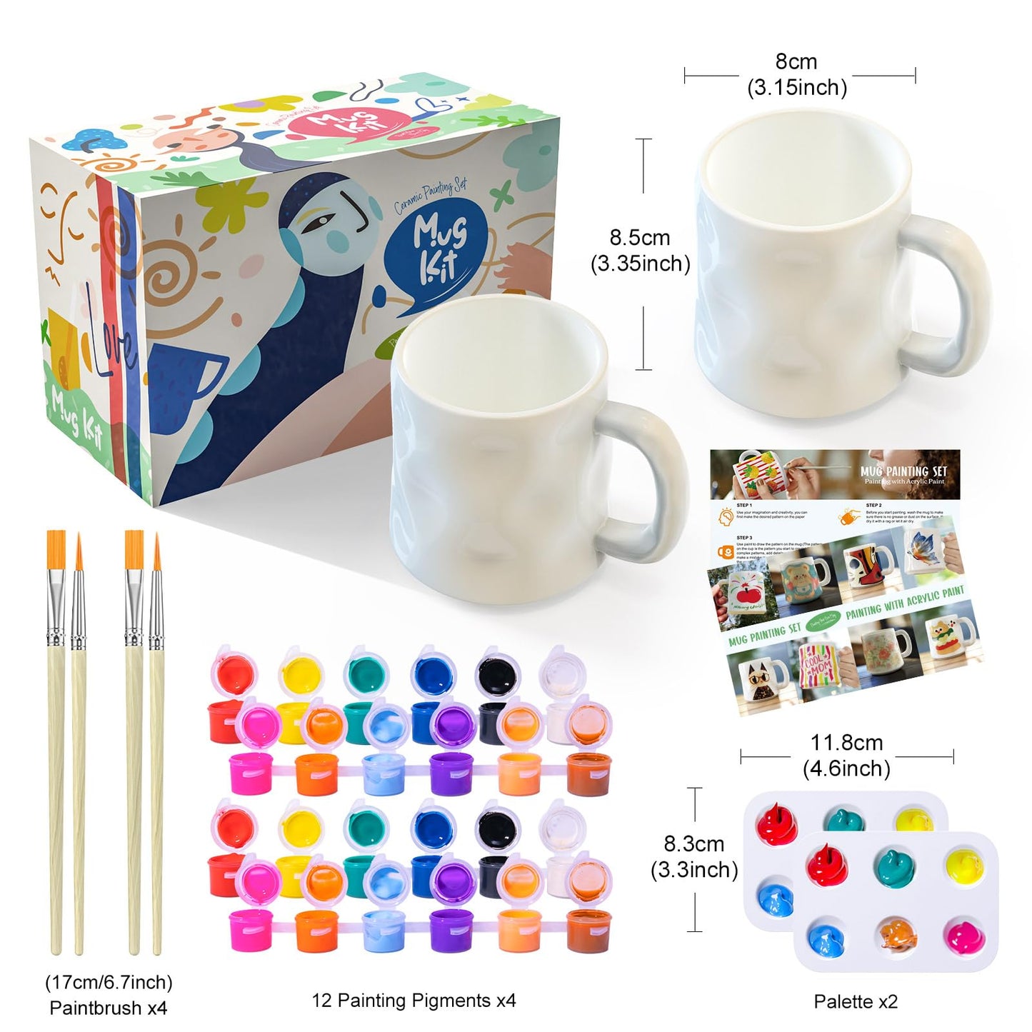 Roaxkois Ceramic Painting Set | Cup Painting Set Contains Cups, Brushes, Paints and Painting Instructions | Pottery Set for the Home | Craft Set for Adults