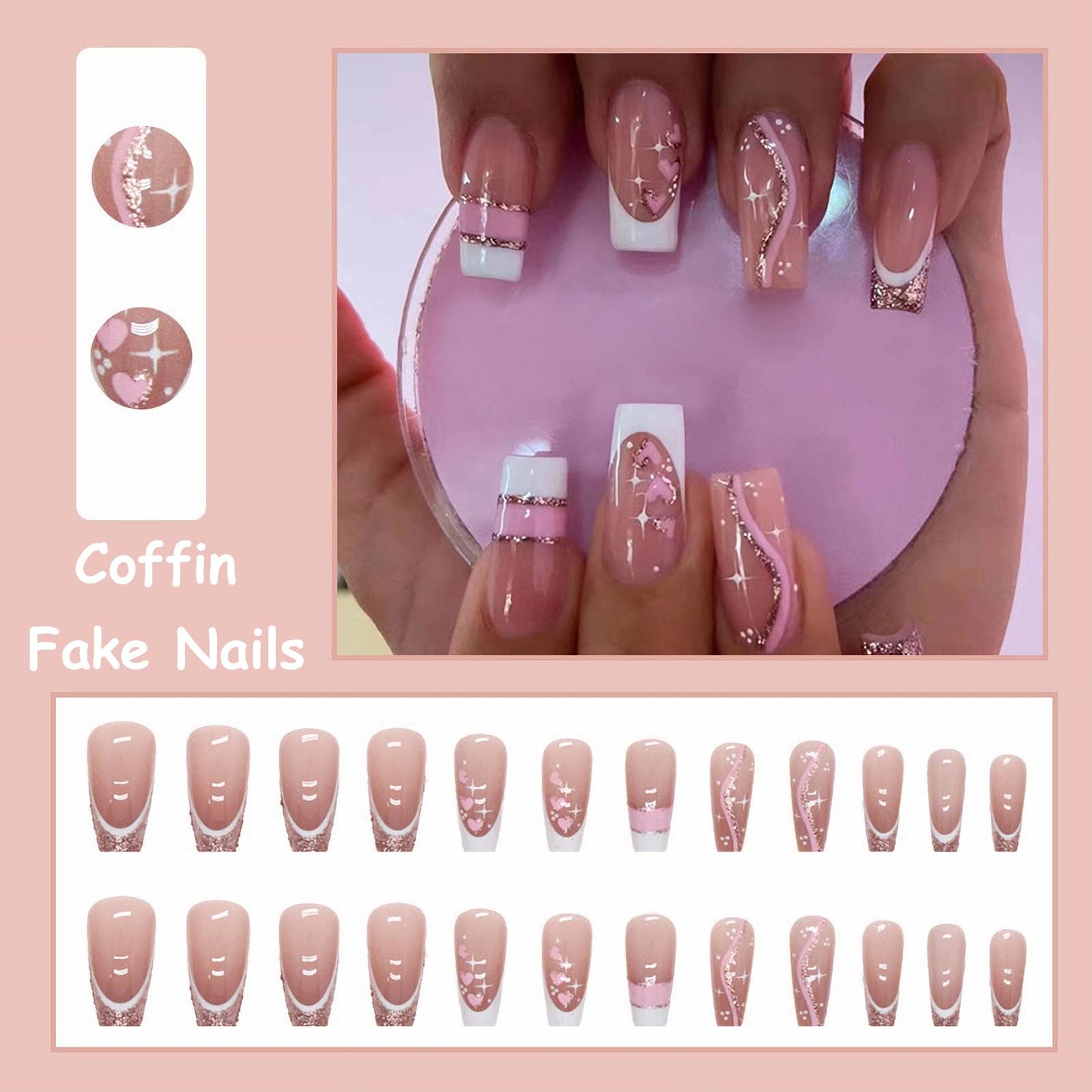 MISUD Press on Nails - Long Coffin Glue on Nails with Pink, Acrylic Bling Glitter Design 24 pcs