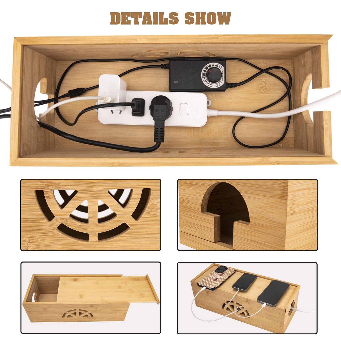 Cable Management Box,Cord Organizer Box,Bamboo Cable Organizer Box for fit Desk Computer USB Behind TV Home Hall Computer Power