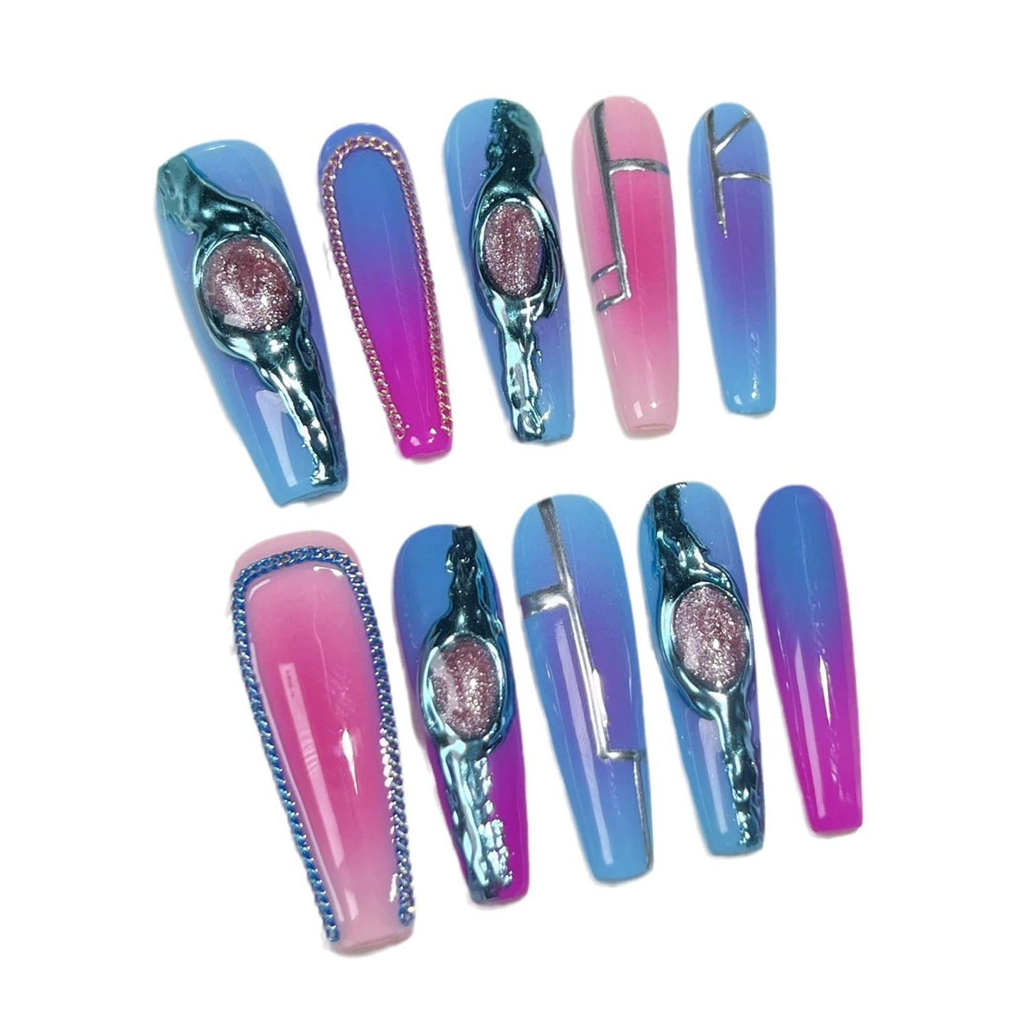 10Pcs Long Square Press on Nails Blue Ombre Handmade False Nails Luxury Reusable Fake Nails with 3D Cat's Eye and Charms Design Acrylic Nails Press Ons for Women DIY 10Pcs(Size M)