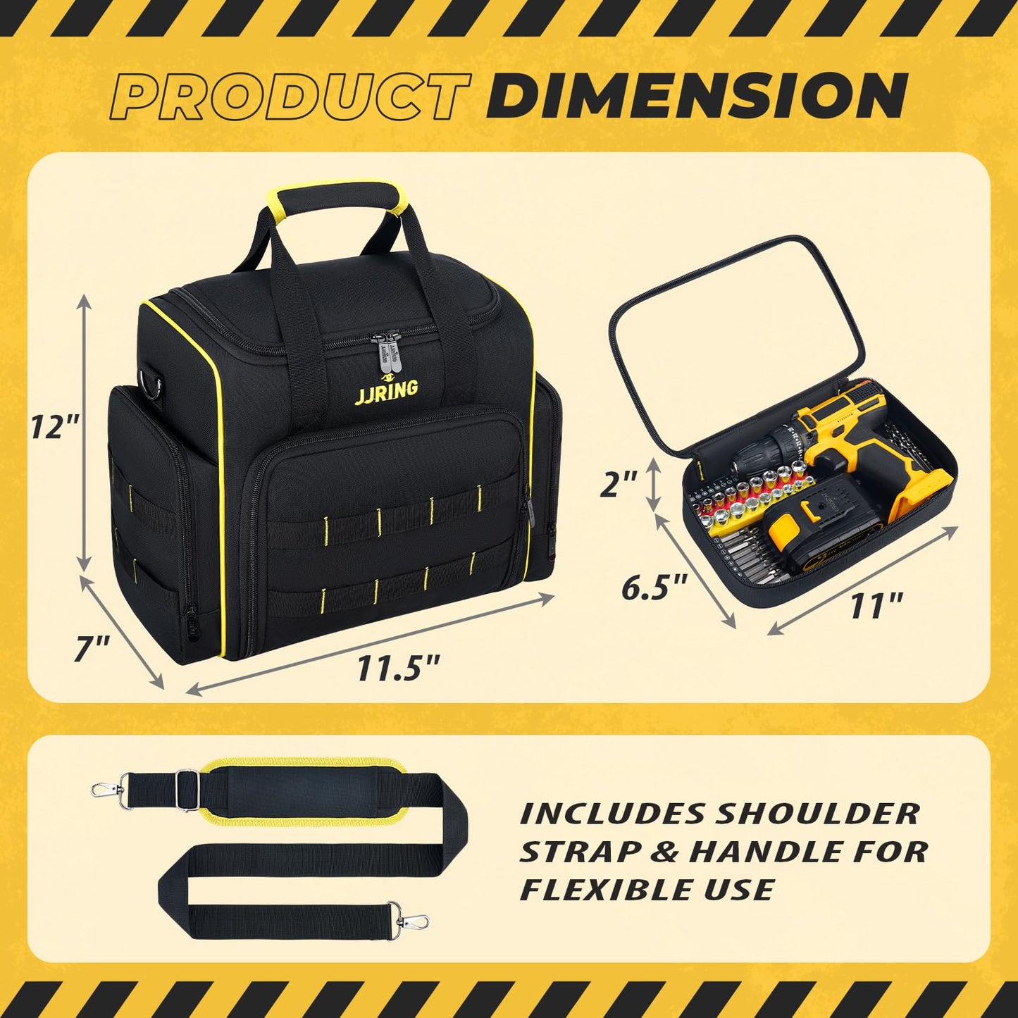 JJRING 2.0 Gen Tool Bag With 3 Removable Cases, Double Layers&Large Capacity Tool Tote, Multi-Pocket Organizer For Tools and Crafts, Durable And Water-Resistant(Yellow)